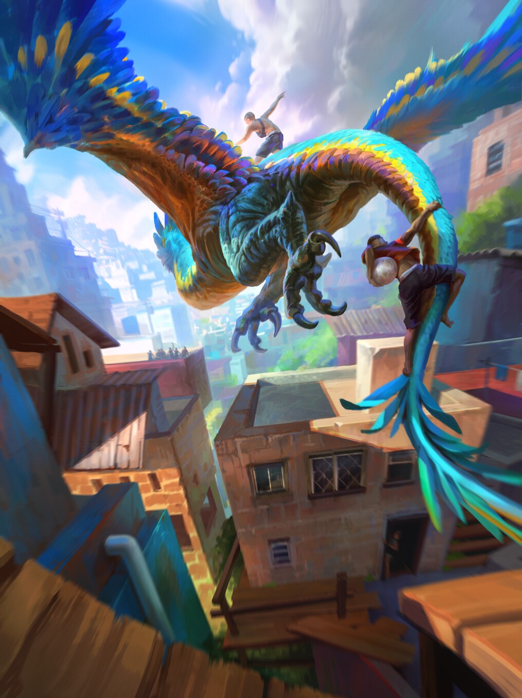 Fantasy bird creature with riders flying over a city HD Phone Wallpaper