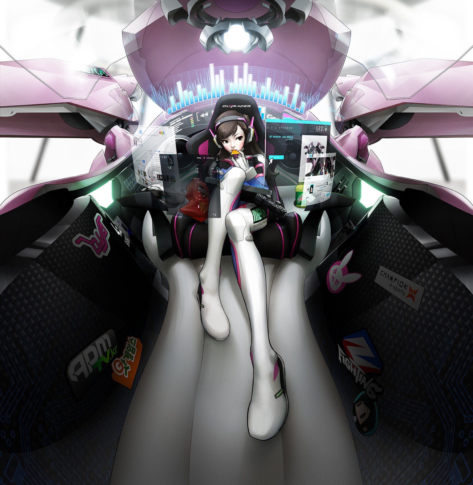 D.Va from Overwatch in a pink mecha cockpit HD Phone Wallpaper