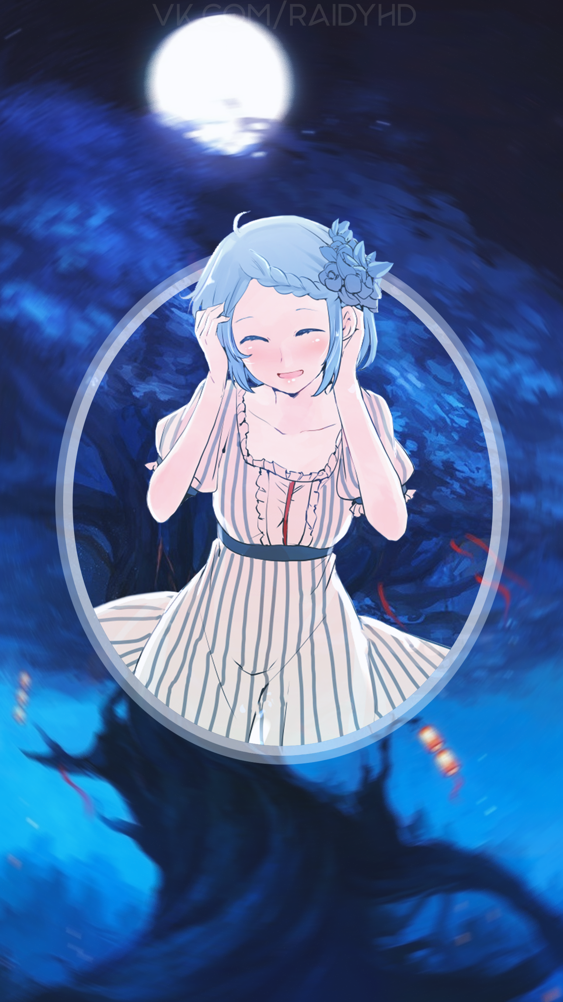Anime girl with blue hair in a dress under the moon HD Phone Wallpaper