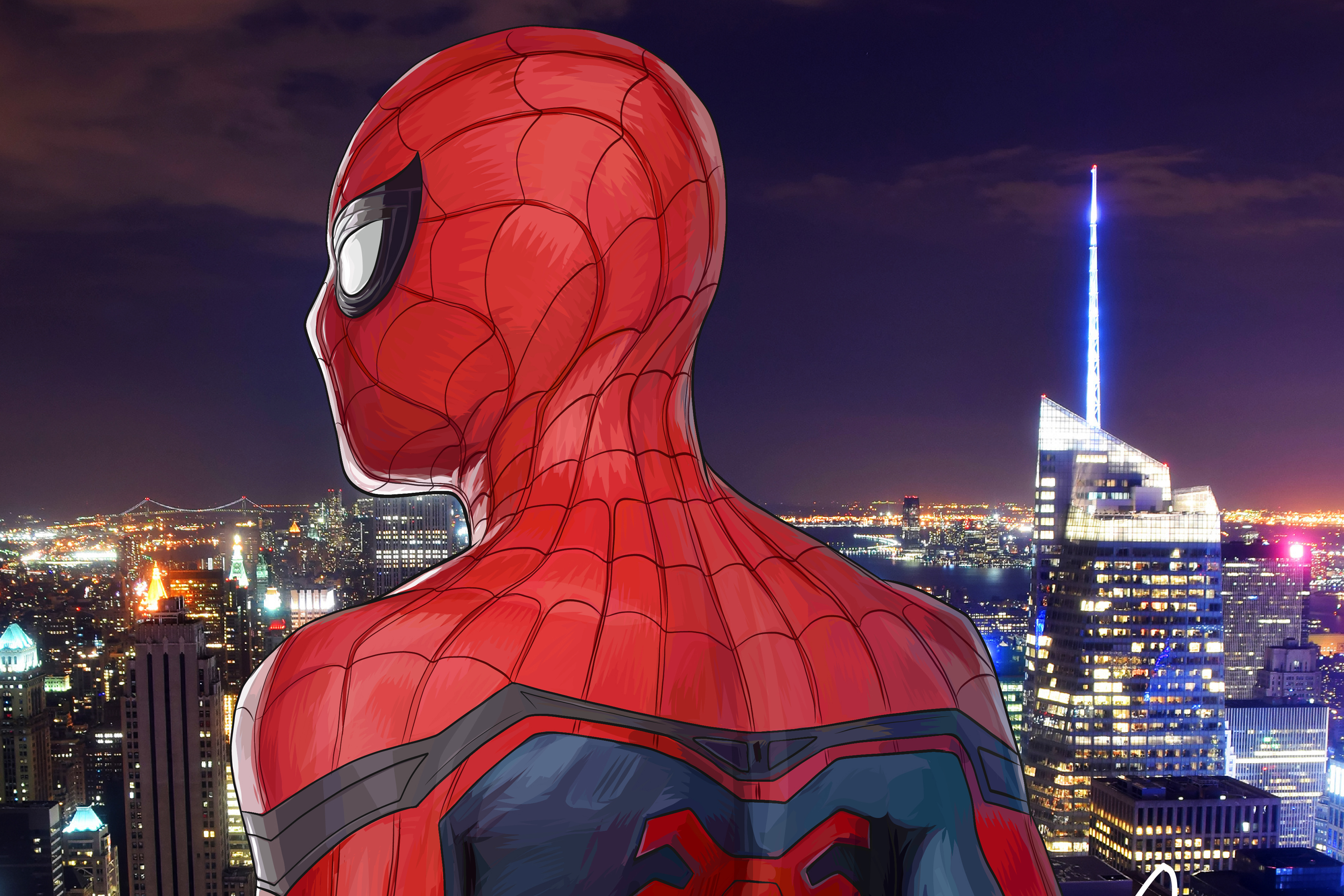 4K Spider-Man from Marvel Comics overlooking a city HD Wallpaper