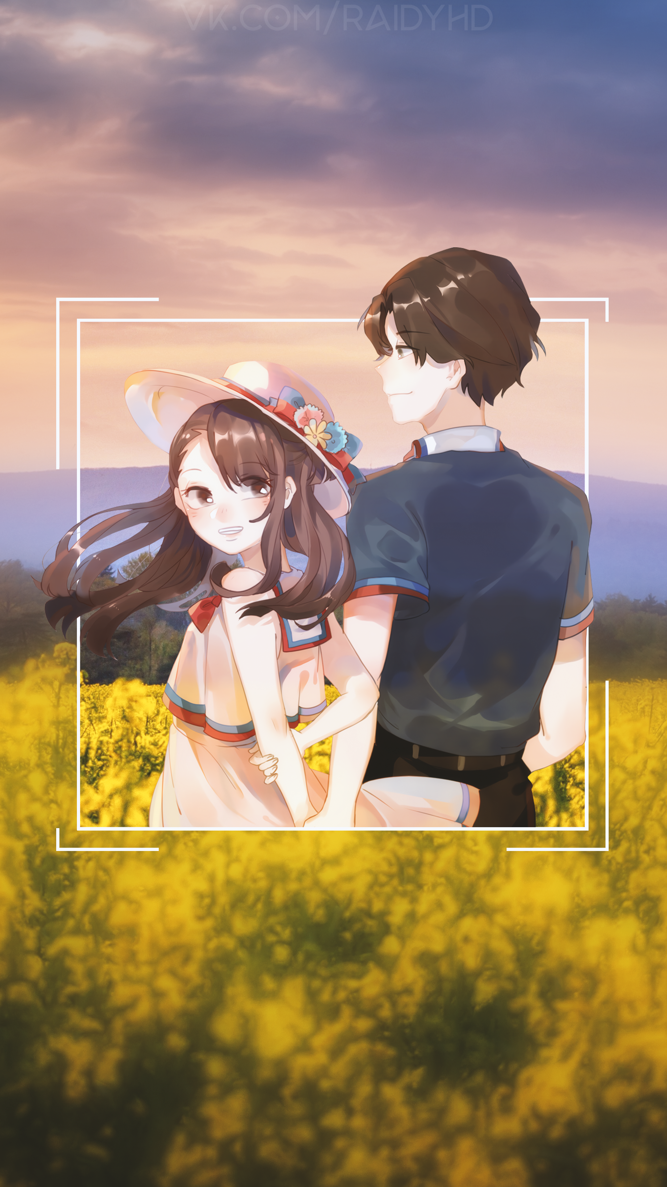 Anime couple in a field of yellow flowers at sunset HD Phone Wallpaper