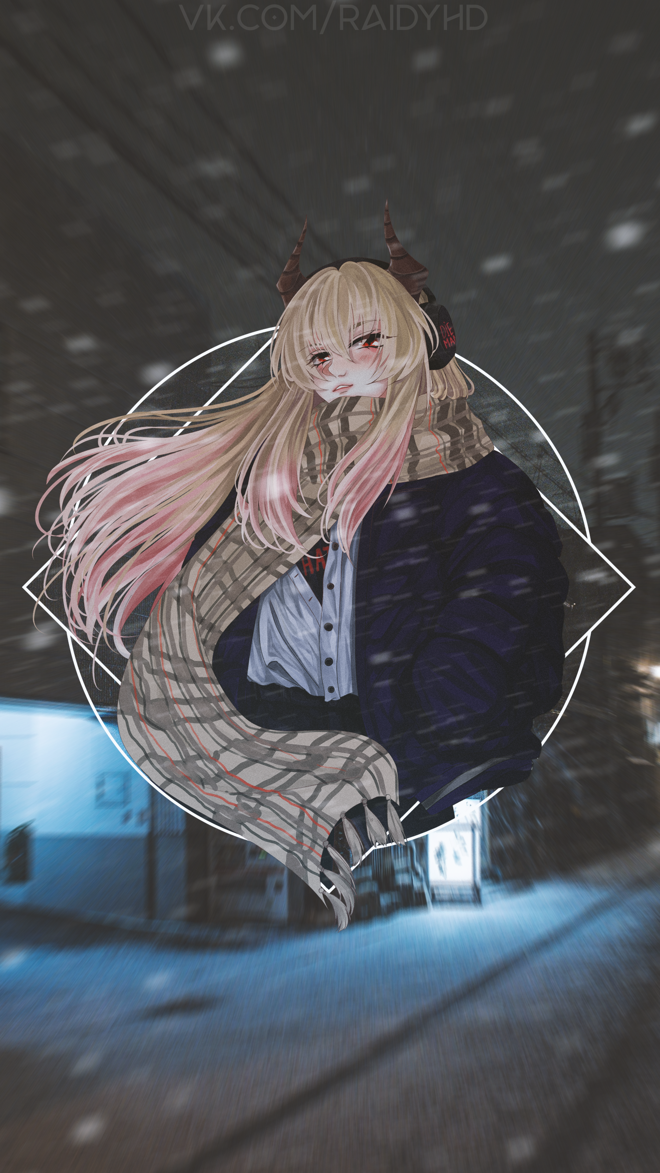 Anime girl with horns and headphones in winter HD Phone Wallpaper