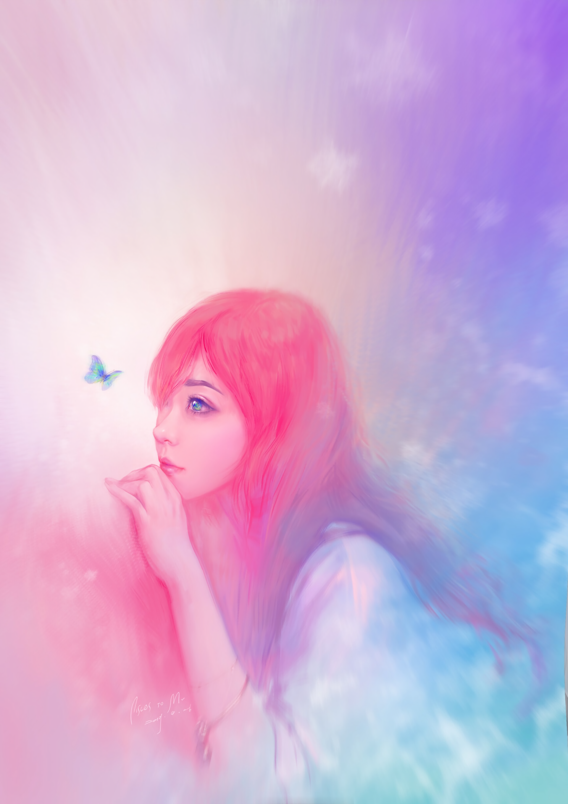 Woman with pink hair and blue eyes looking at a butterfly HD Phone Wallpaper