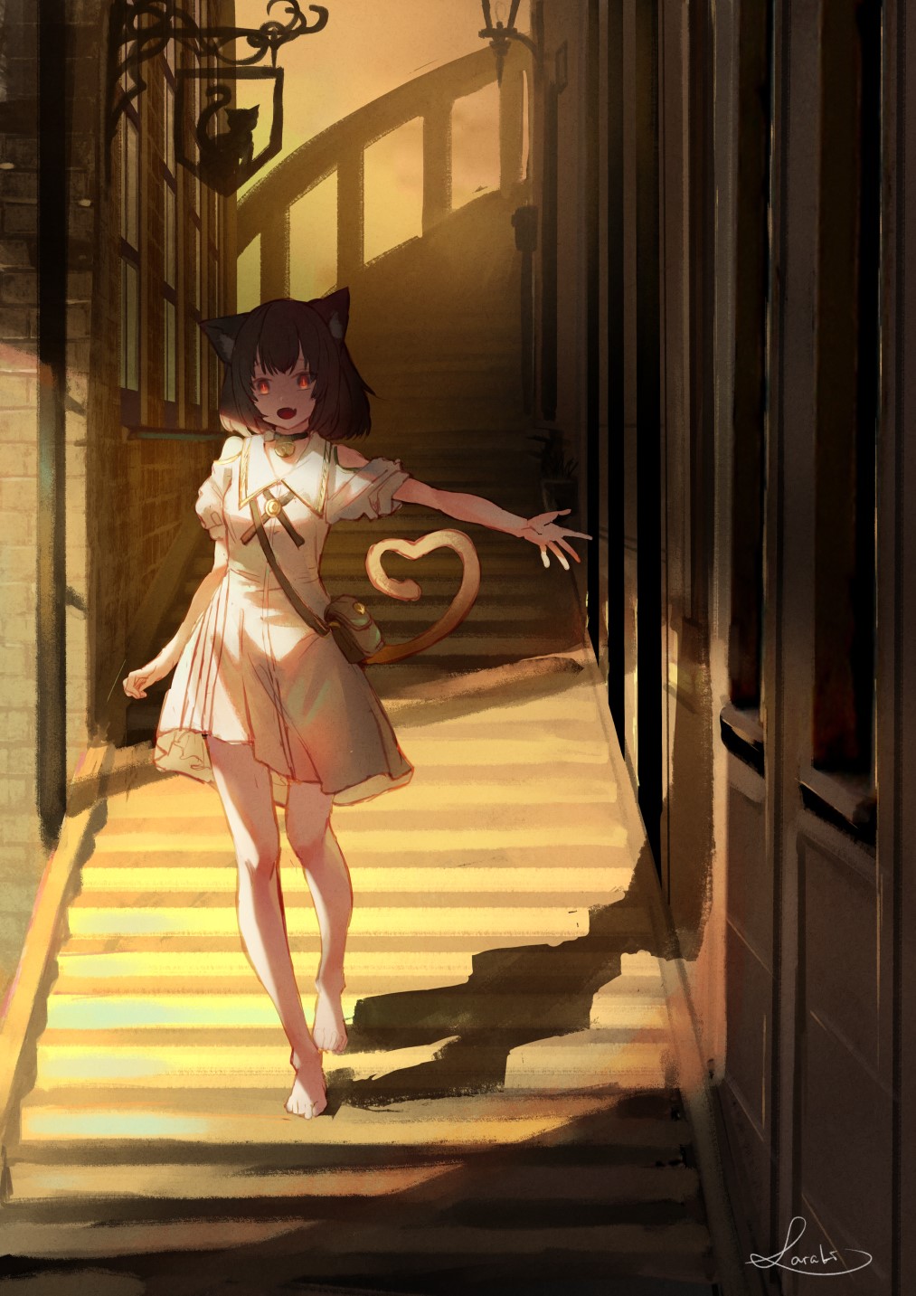 Anime cat girl walking up stairs at sunset HD Phone Wallpaper