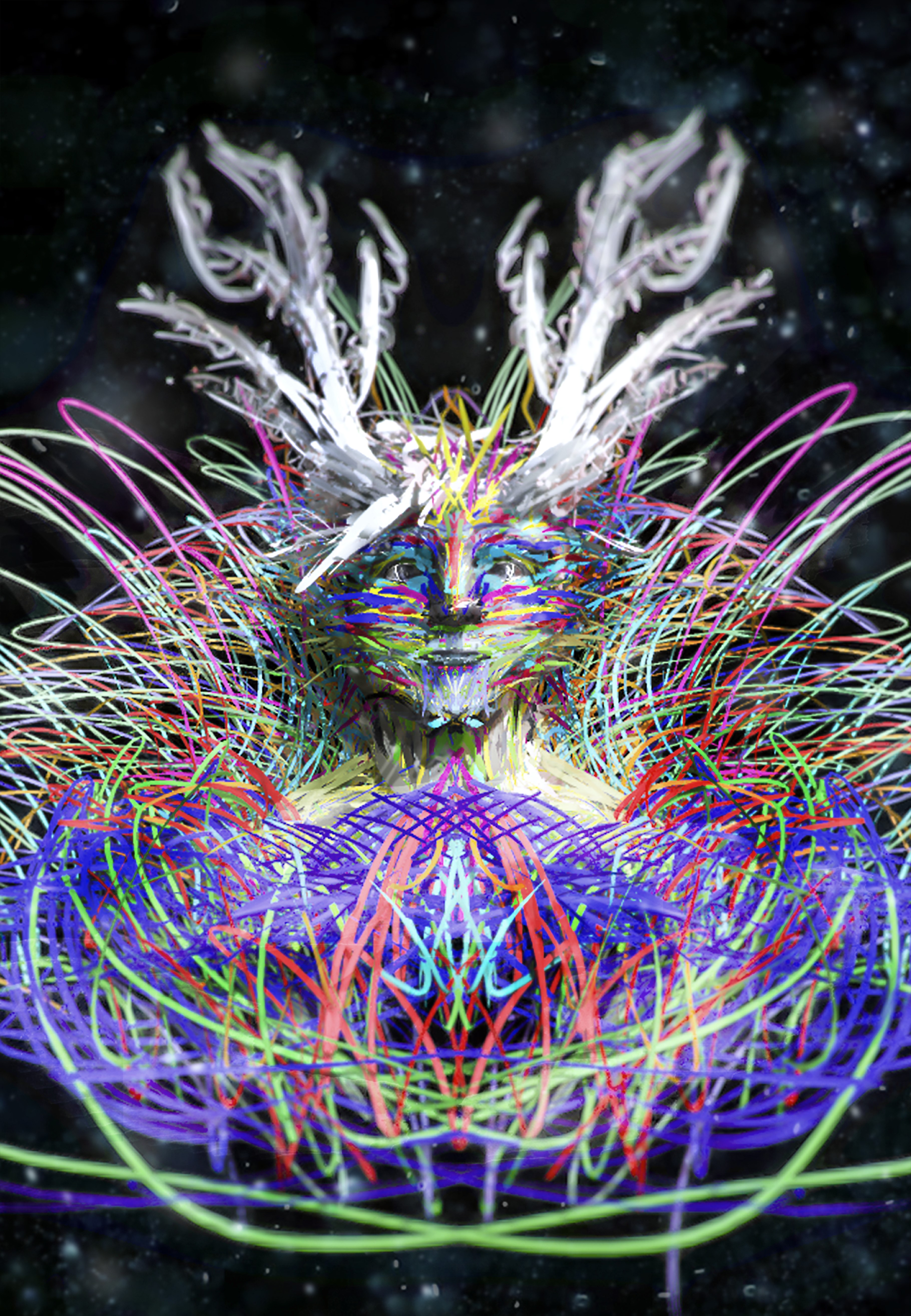 Humanoid with deer horns and colorful lines HD Phone Wallpaper