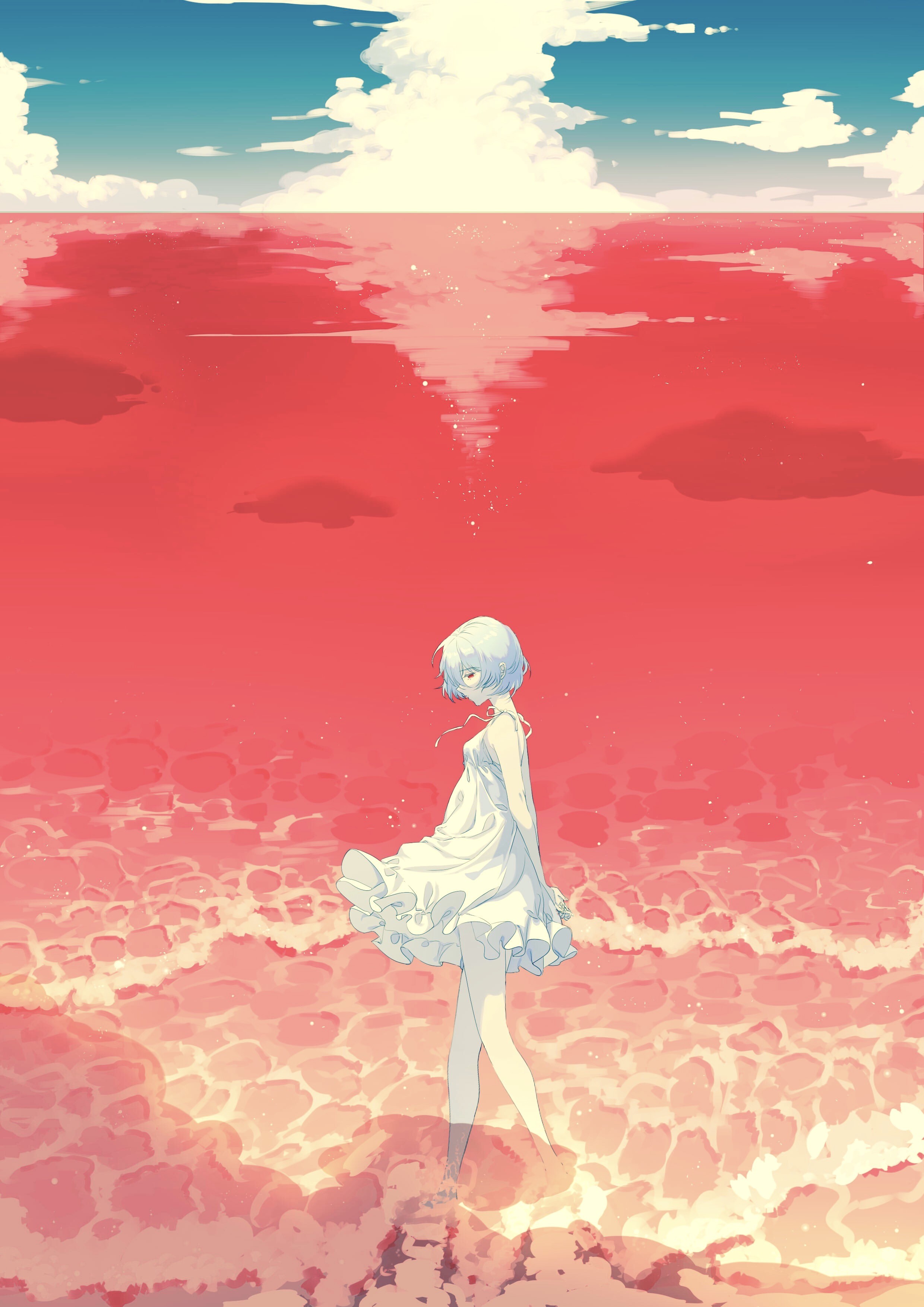 Rei Ayanami from Neon Genesis Evangelion in red water HD Phone Wallpaper