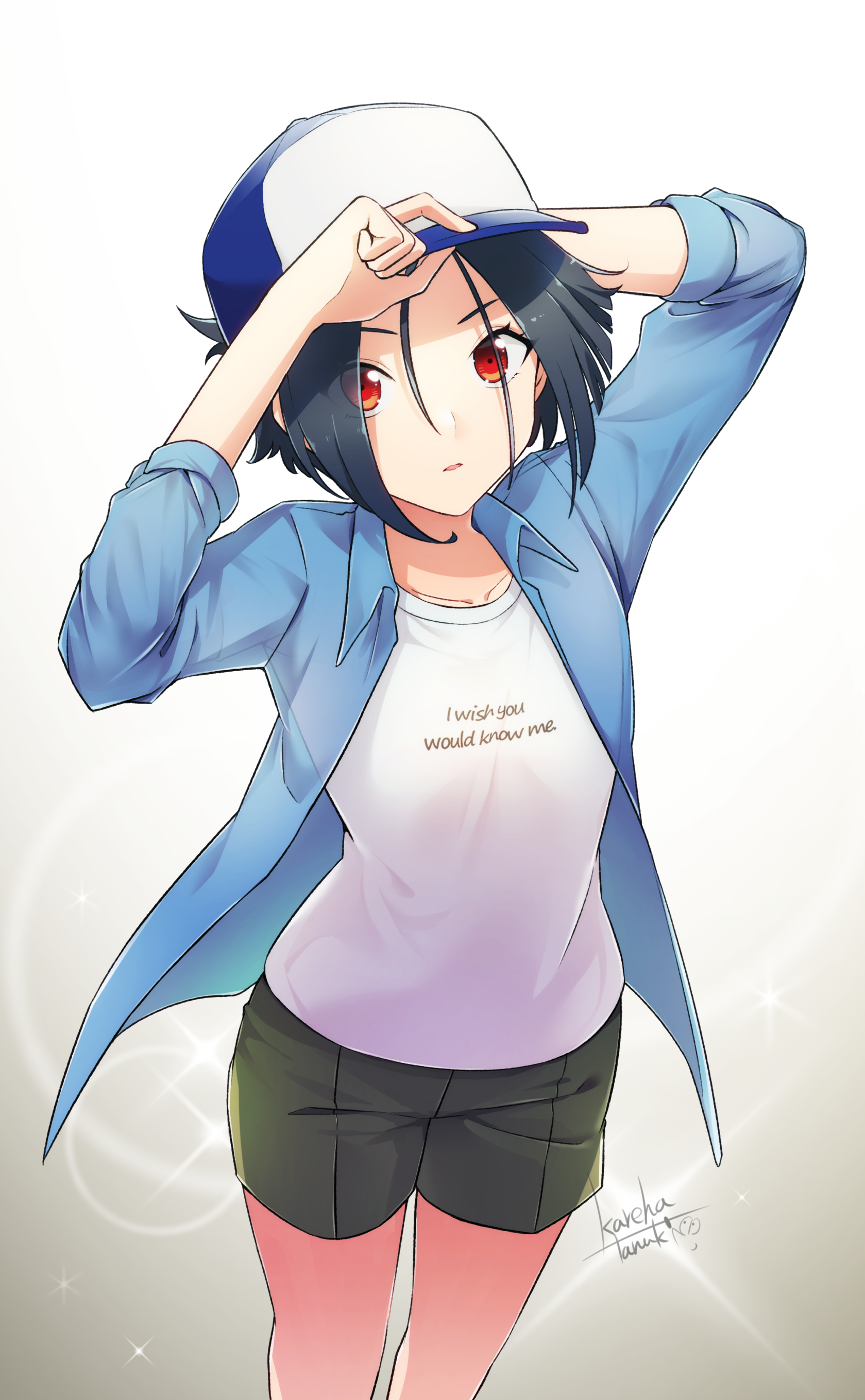 Anime girl with red eyes wearing a cap and t-shirt HD Phone Wallpaper