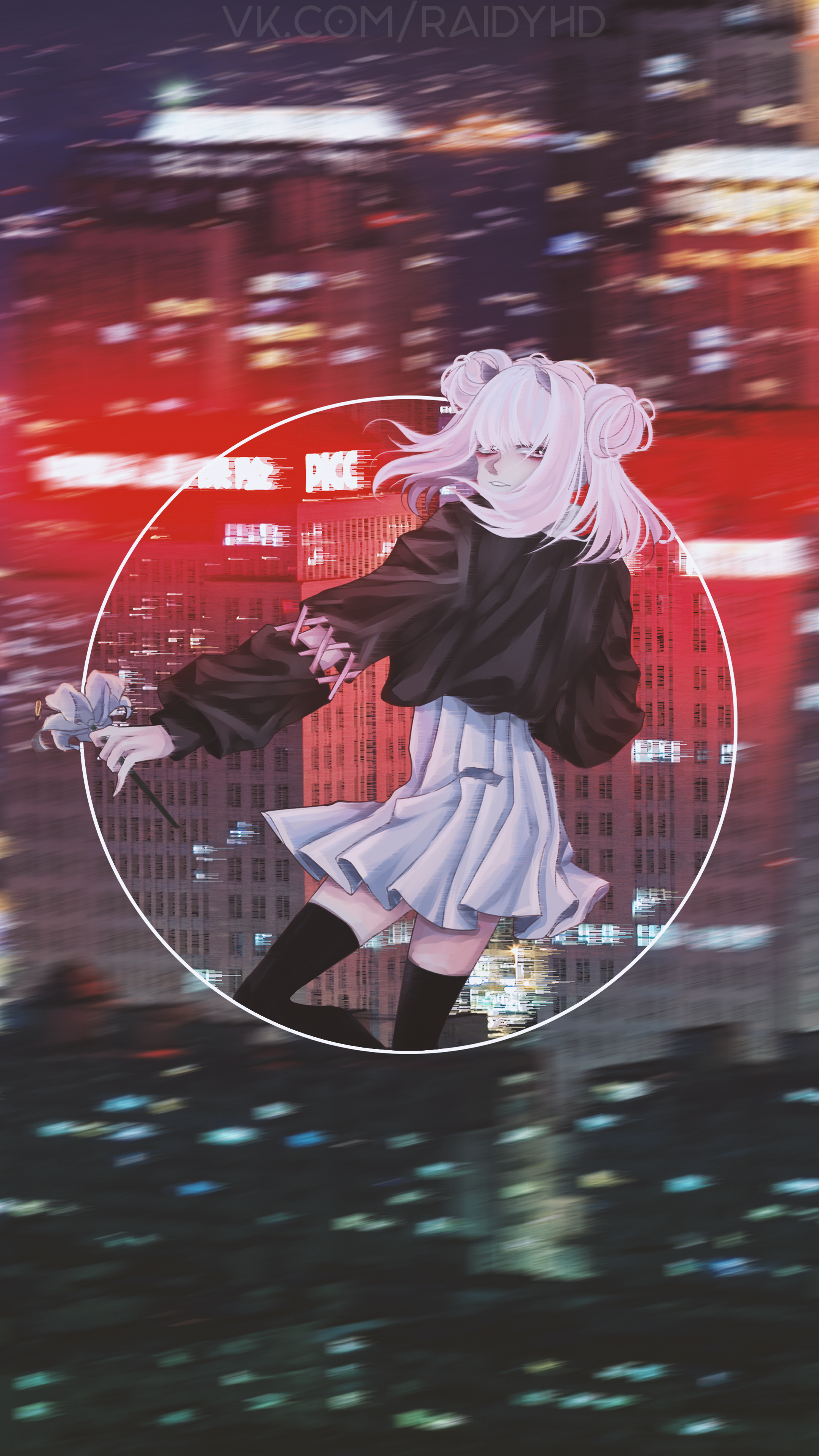 Anime girl with pink hair holding a flower in a city at night HD Phone Wallpaper
