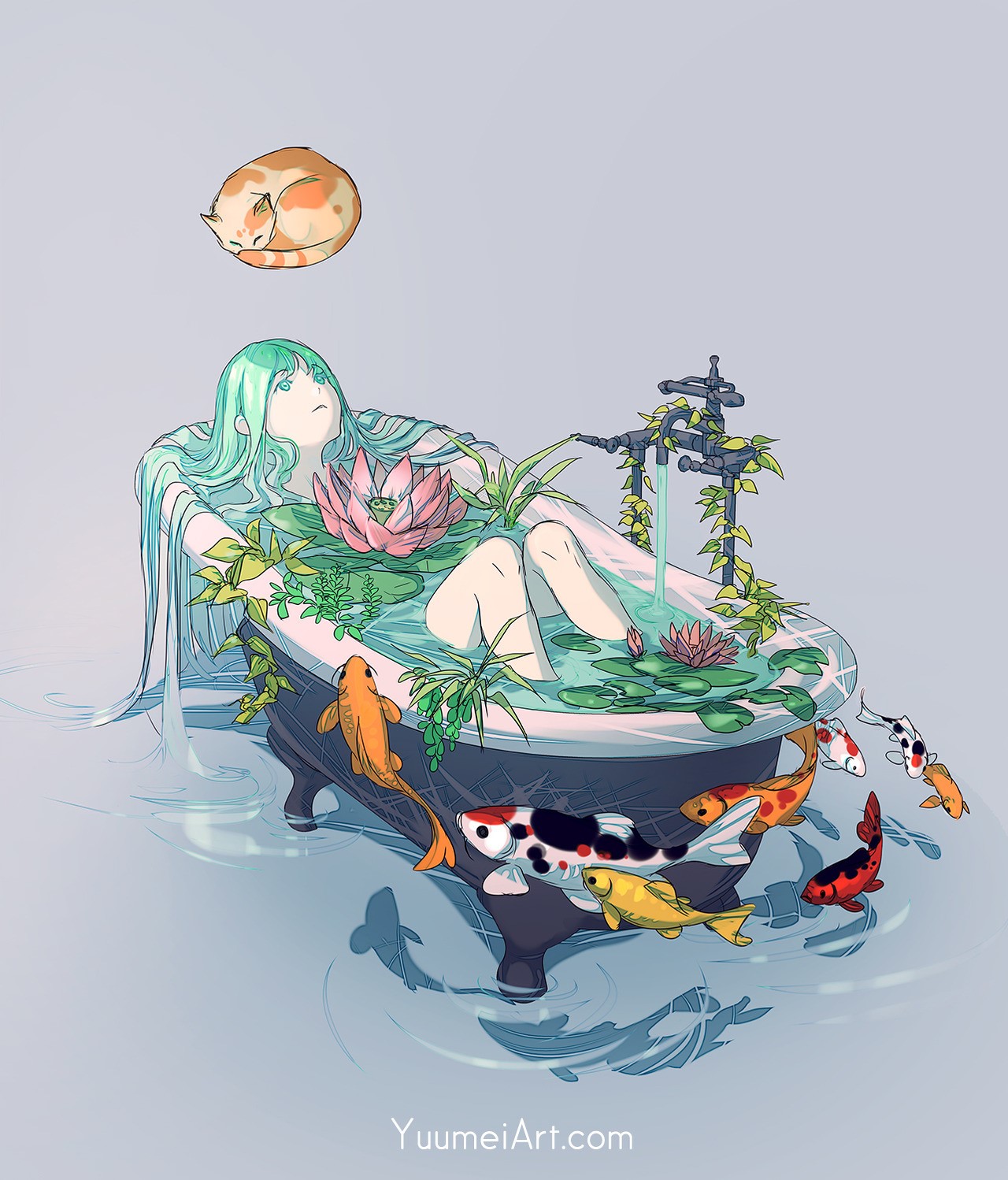 Anime girl with aqua hair in a bathtub with koi fish HD Phone Wallpaper