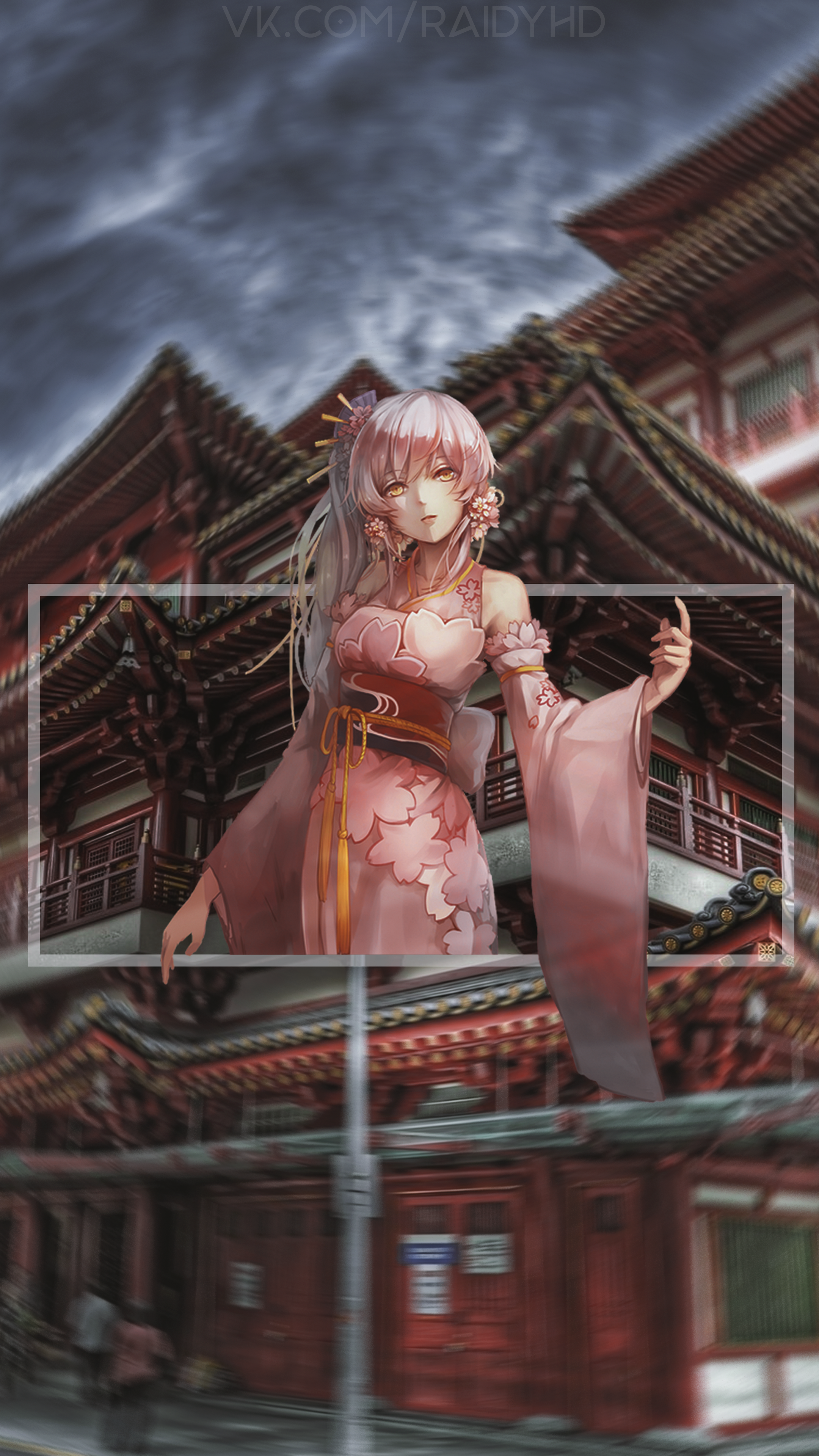 Anime girl in pink kimono in front of temple HD Phone Wallpaper