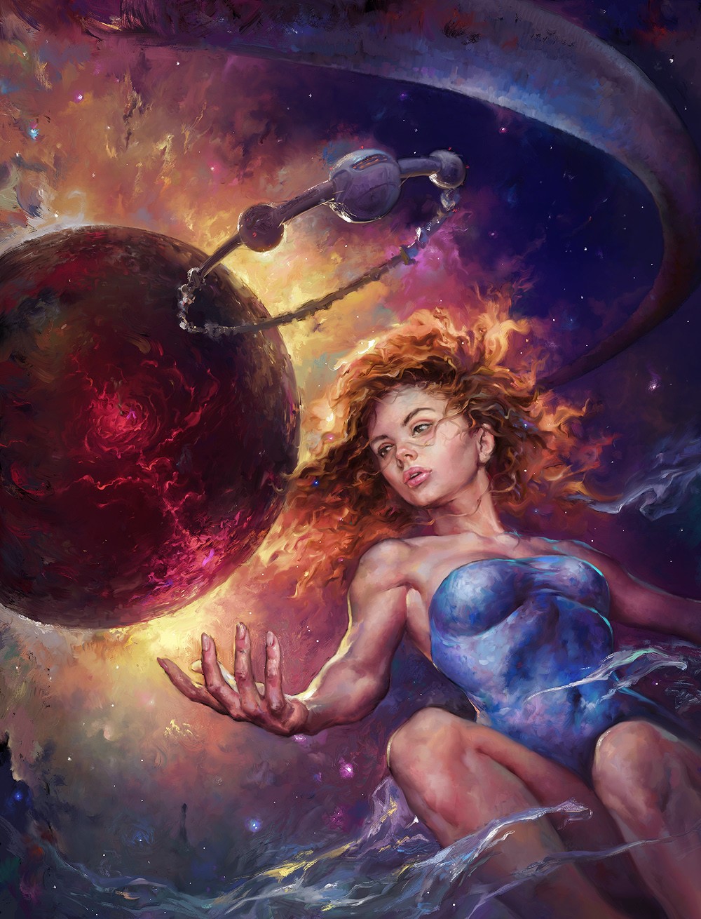 Redhead woman in space with planet and nebula HD Phone Wallpaper