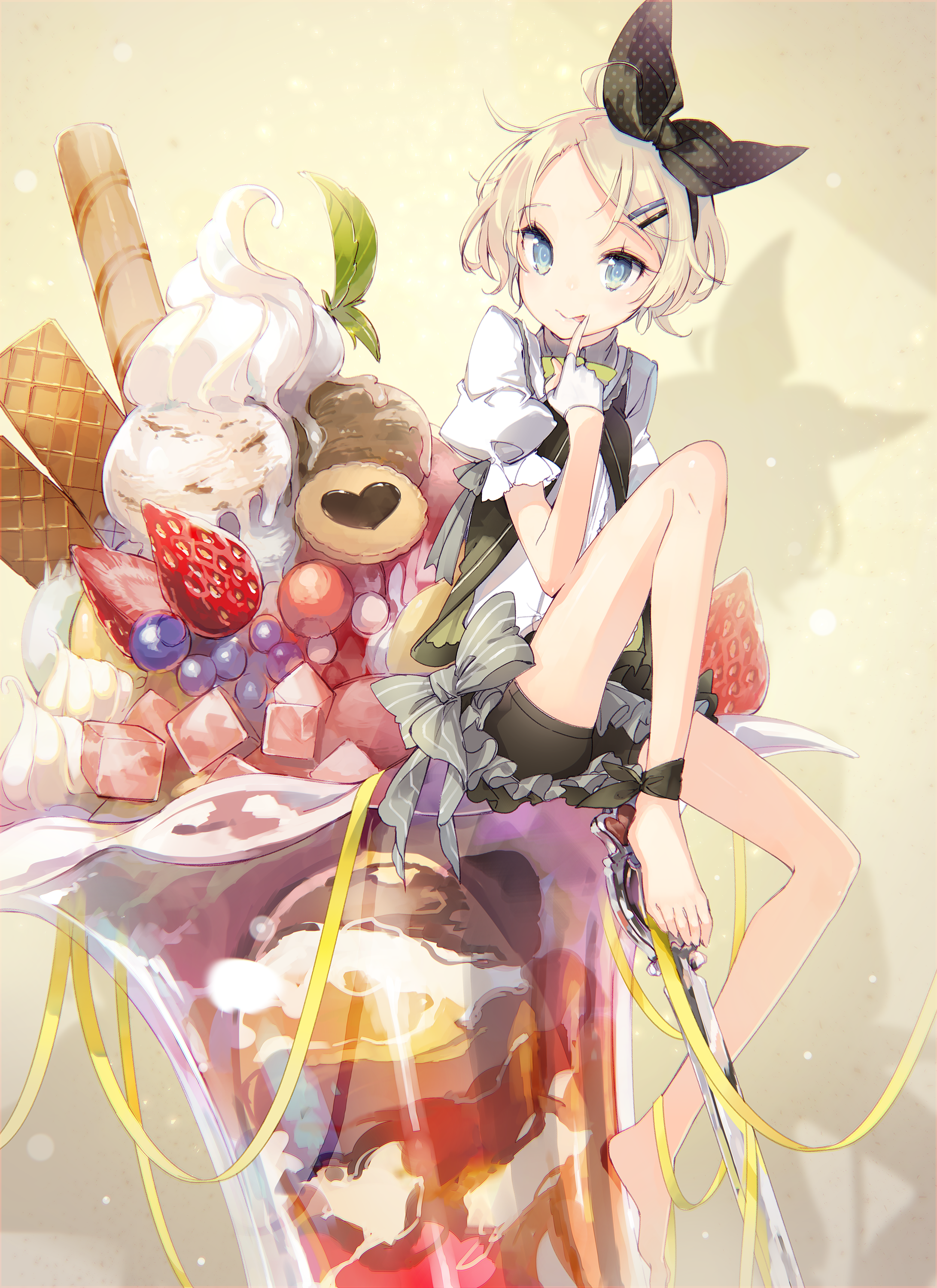 Kagamine Rin from Vocaloid sitting on a giant parfait HD Phone Wallpaper