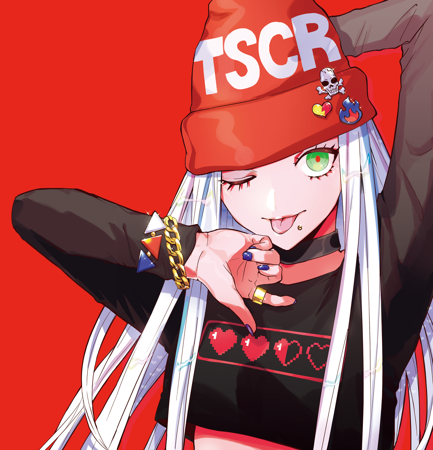 Anime girl with TSCR beanie and hearts shirt HD Phone Wallpaper