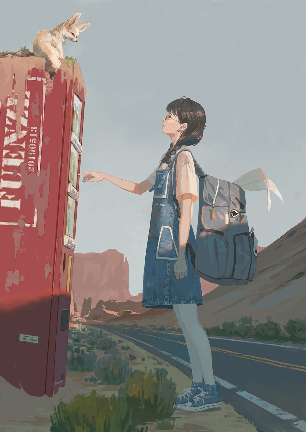 Girl with backpack and fennec fox at vending machine in desert HD Phone Wallpaper
