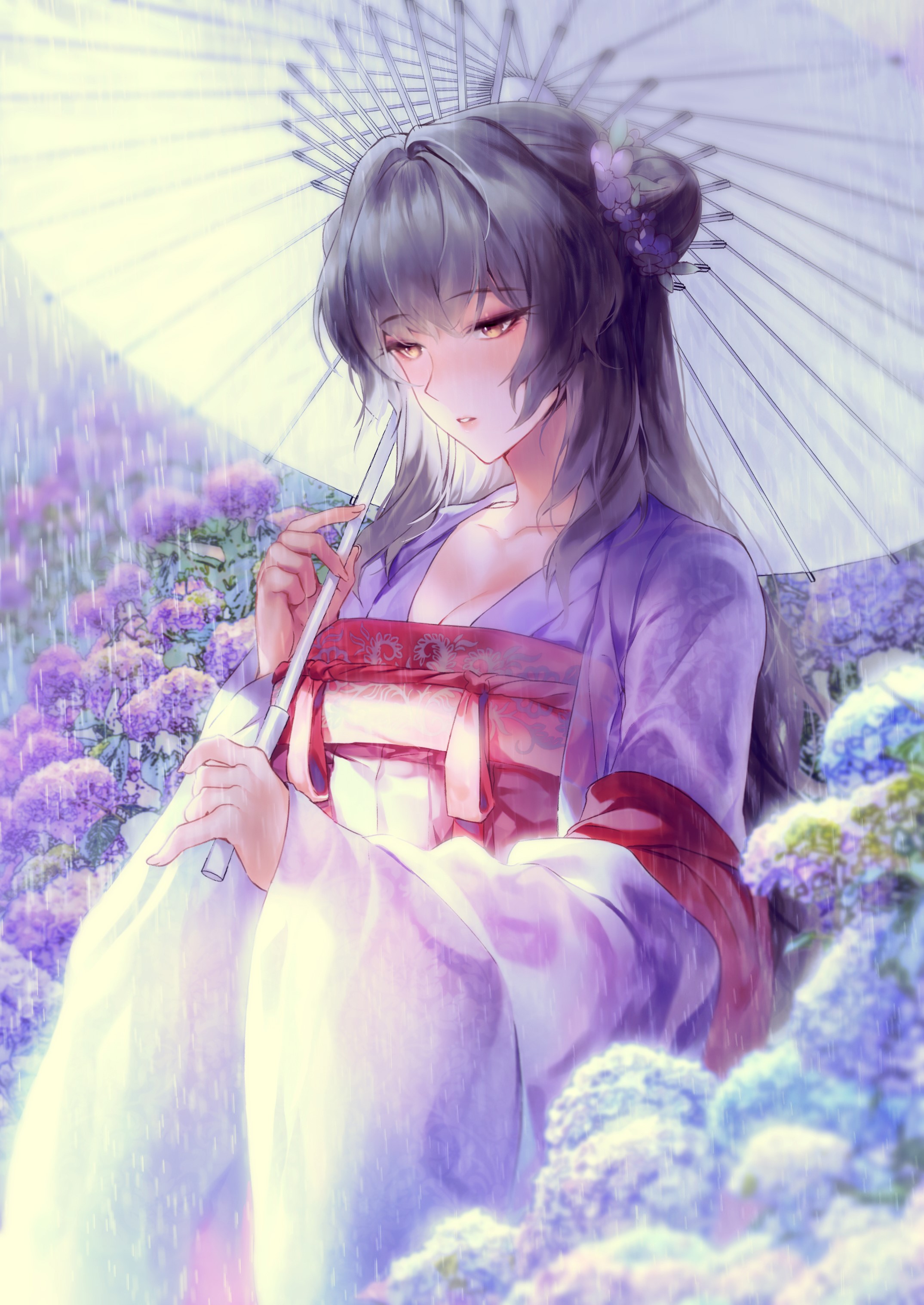 Anime girl in Chinese dress holding umbrella in rain with flowers HD Phone Wallpaper
