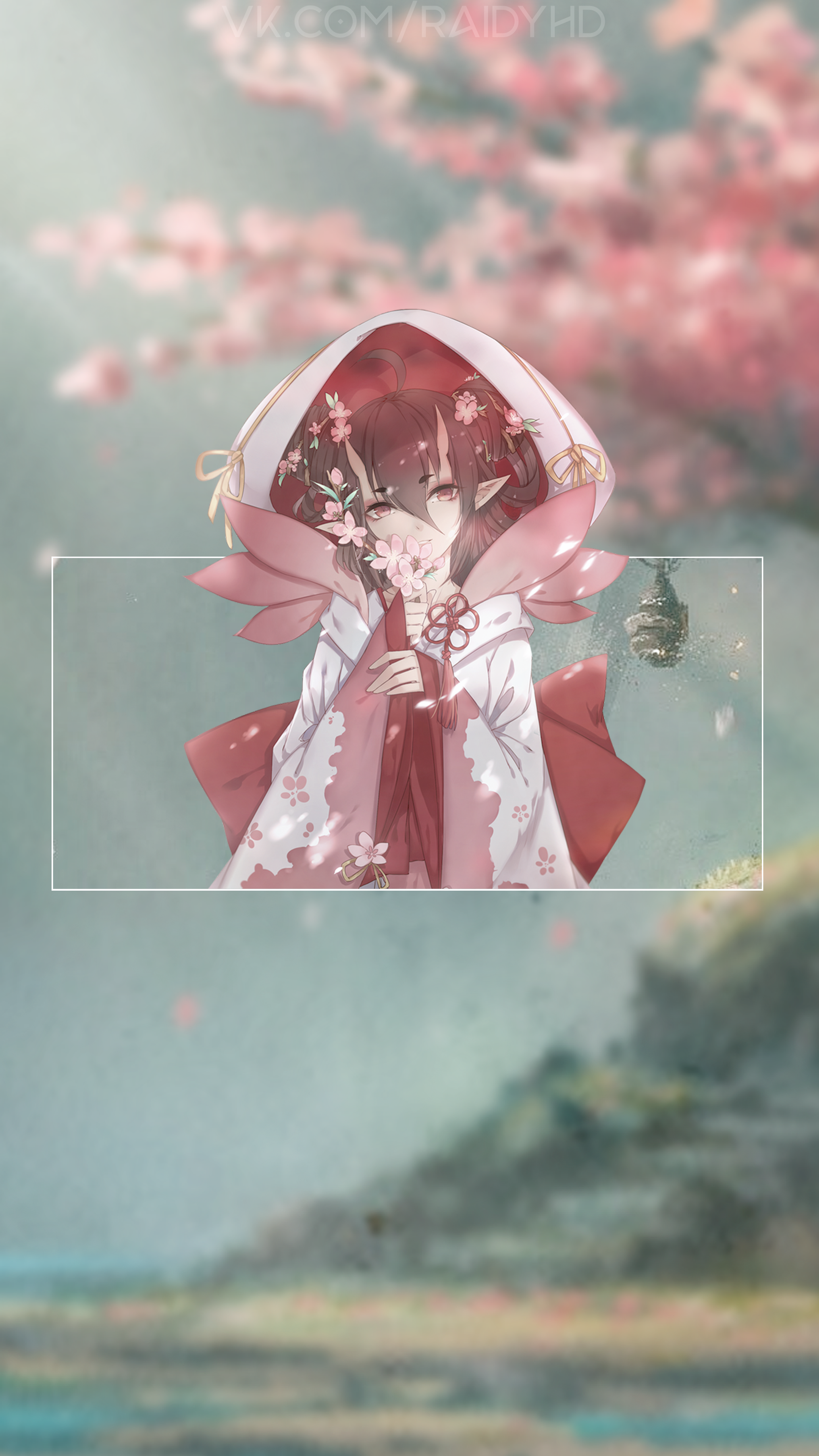 Anime girl with horns and cherry blossoms HD Phone Wallpaper