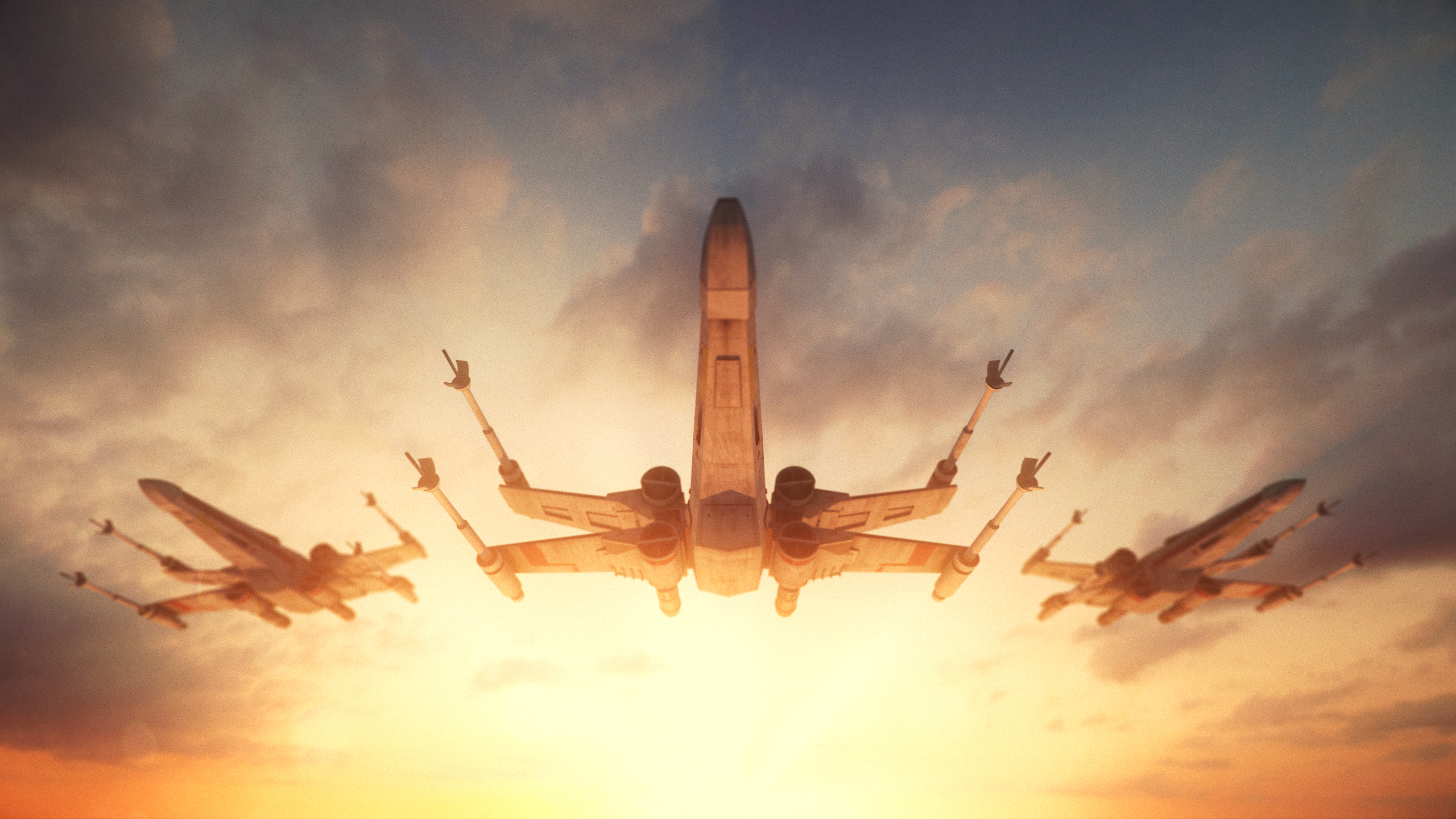 X-wing Starfighters flying at sunset HD Wallpaper