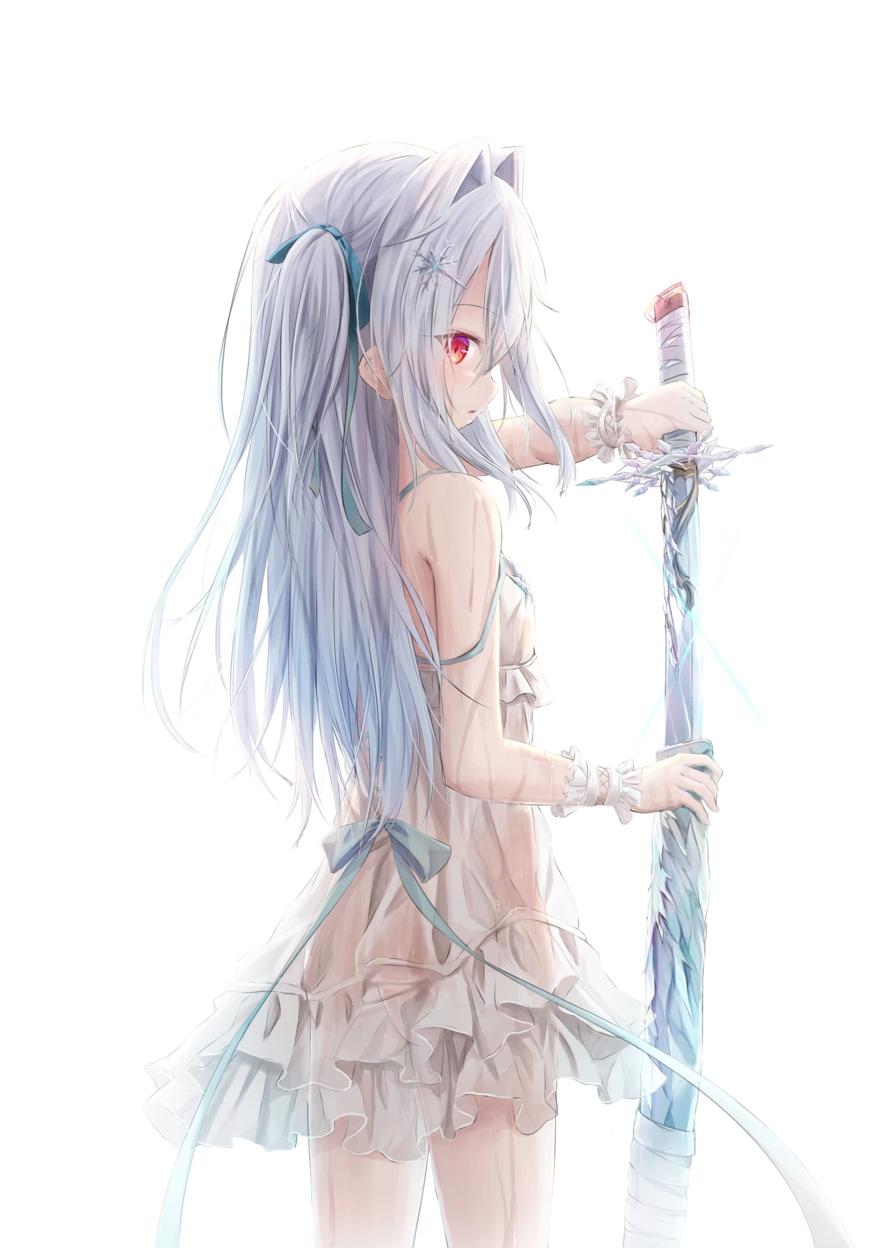 Anime girl with sword and animal ears HD Phone Wallpaper