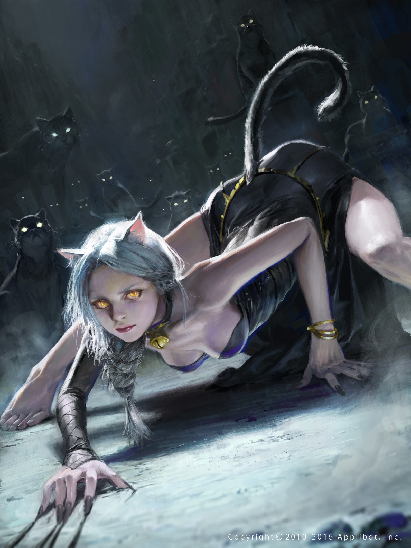 Cat girl with multiple black cats in a dark environment HD Phone Wallpaper