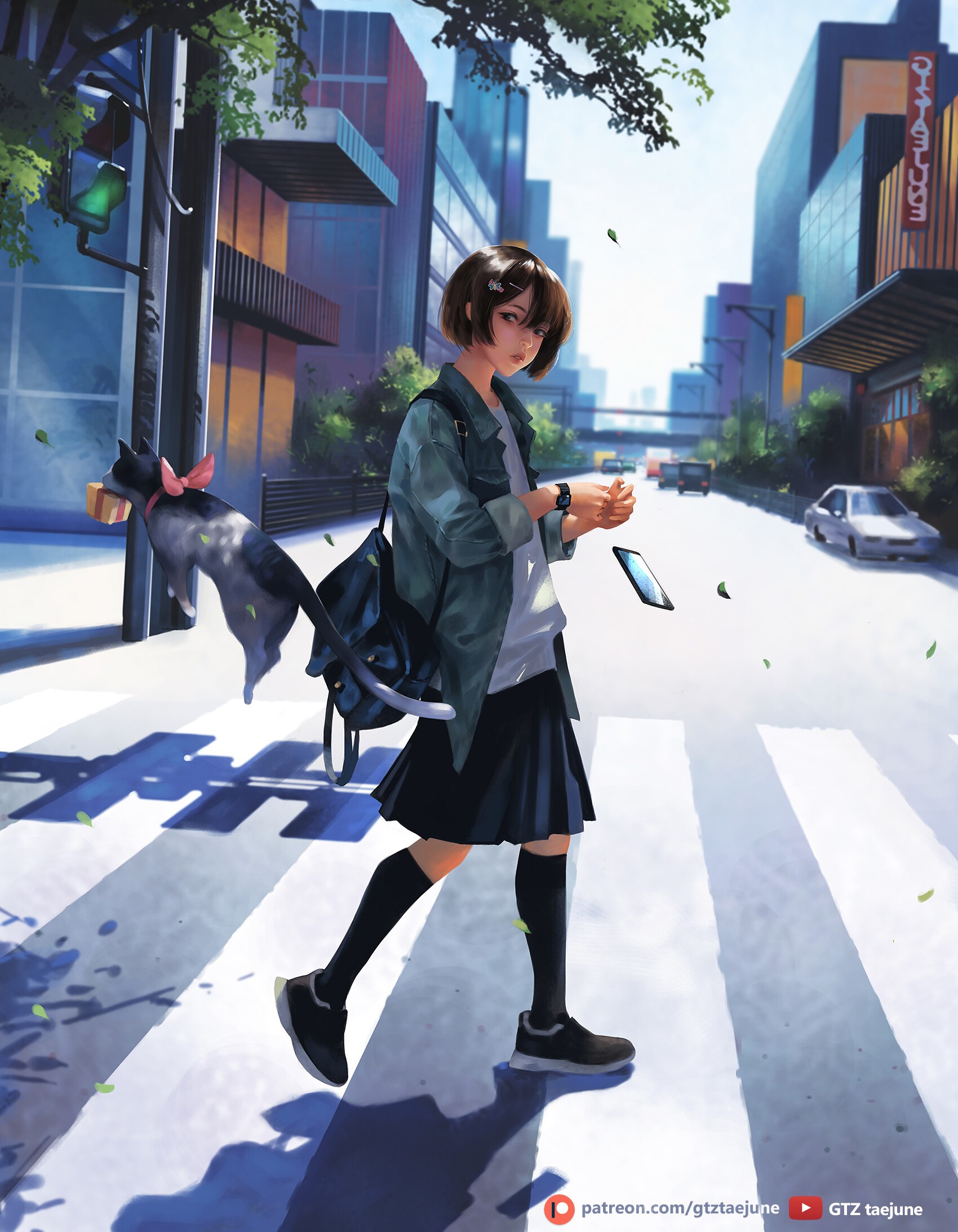 Girl with cat walking across a city crosswalk HD Phone Wallpaper