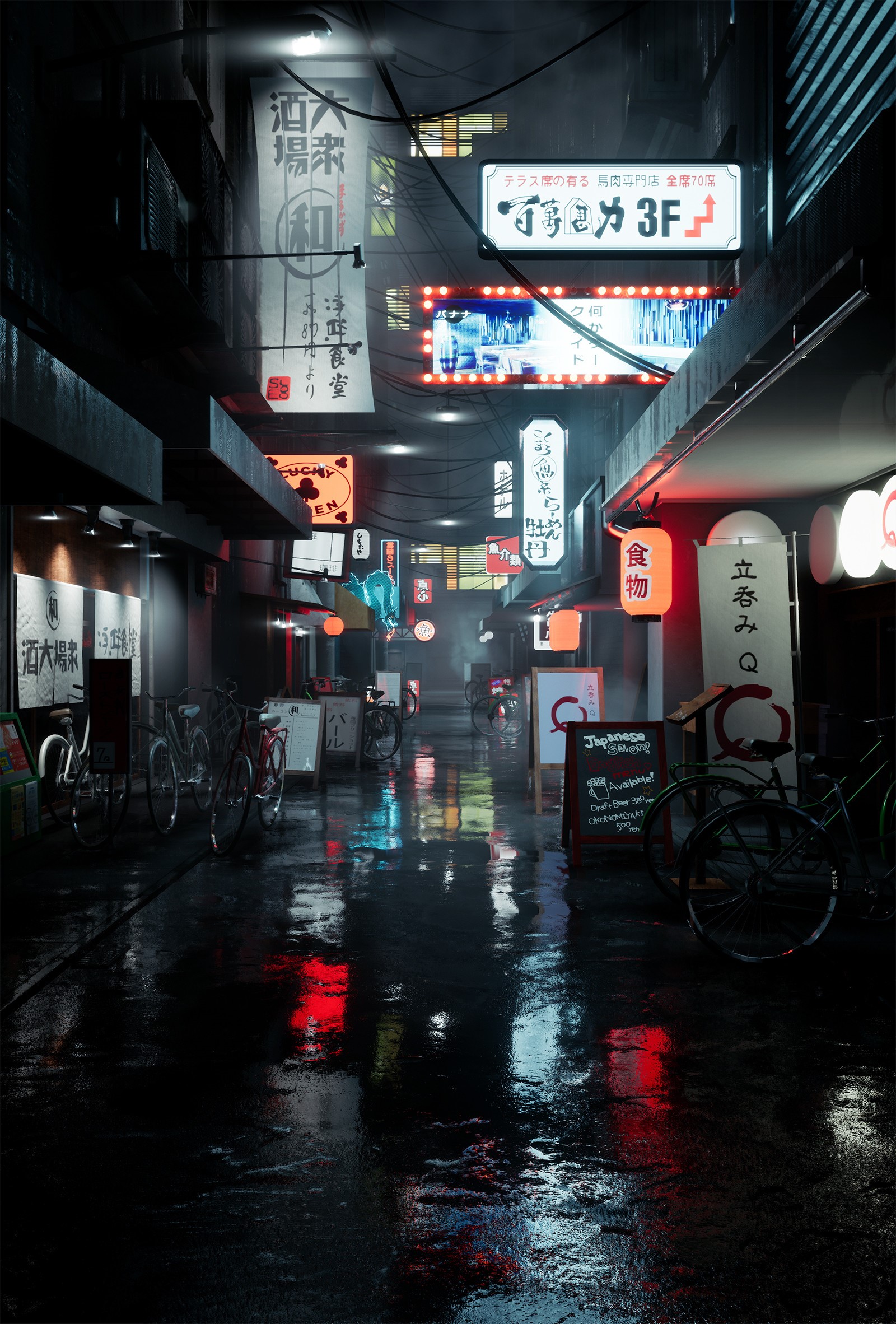 Wet Japanese City Street at Night with Neon Signs HD Phone Wallpaper