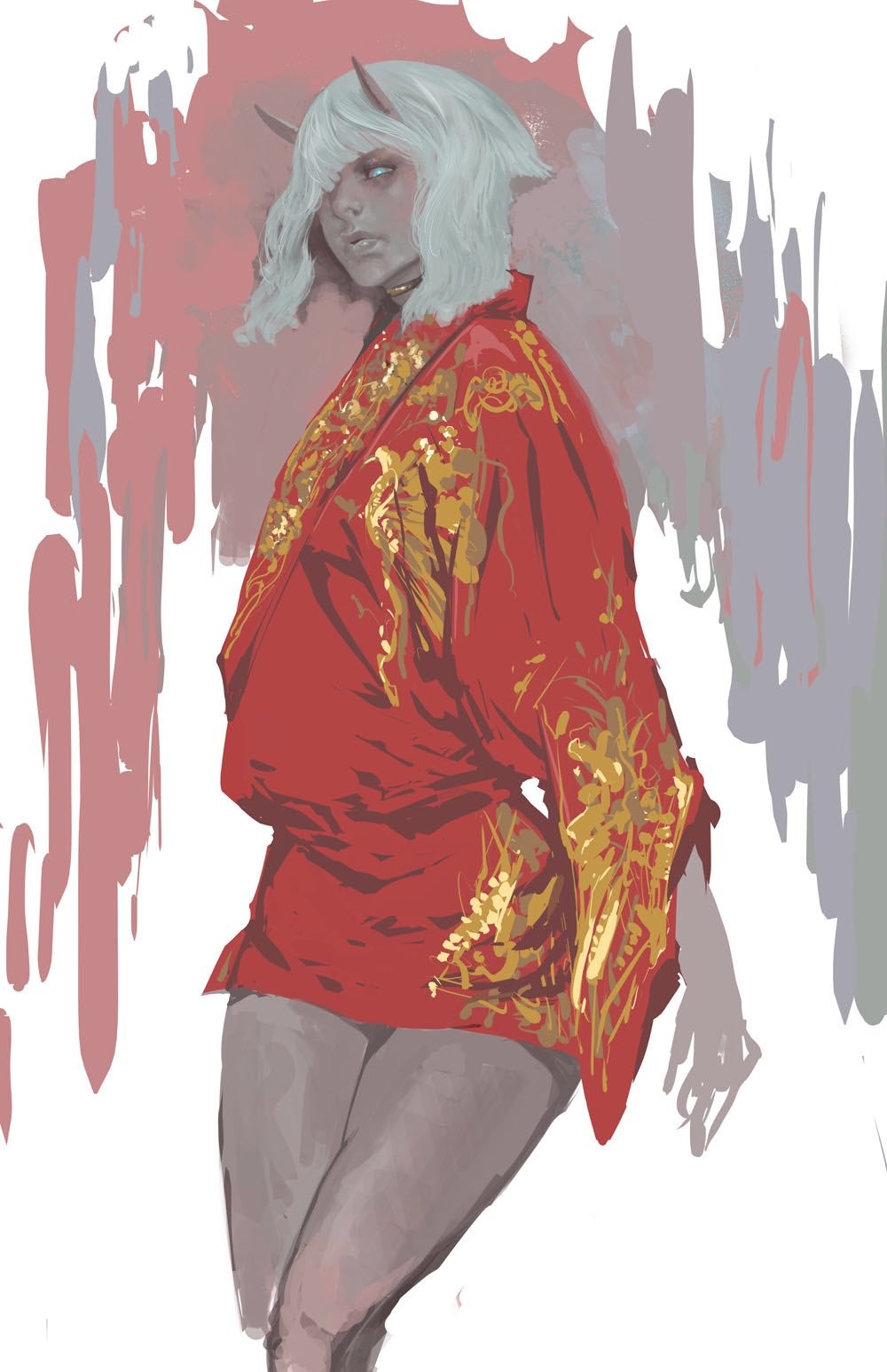 Fantasy girl with horns in a red kimono HD Phone Wallpaper
