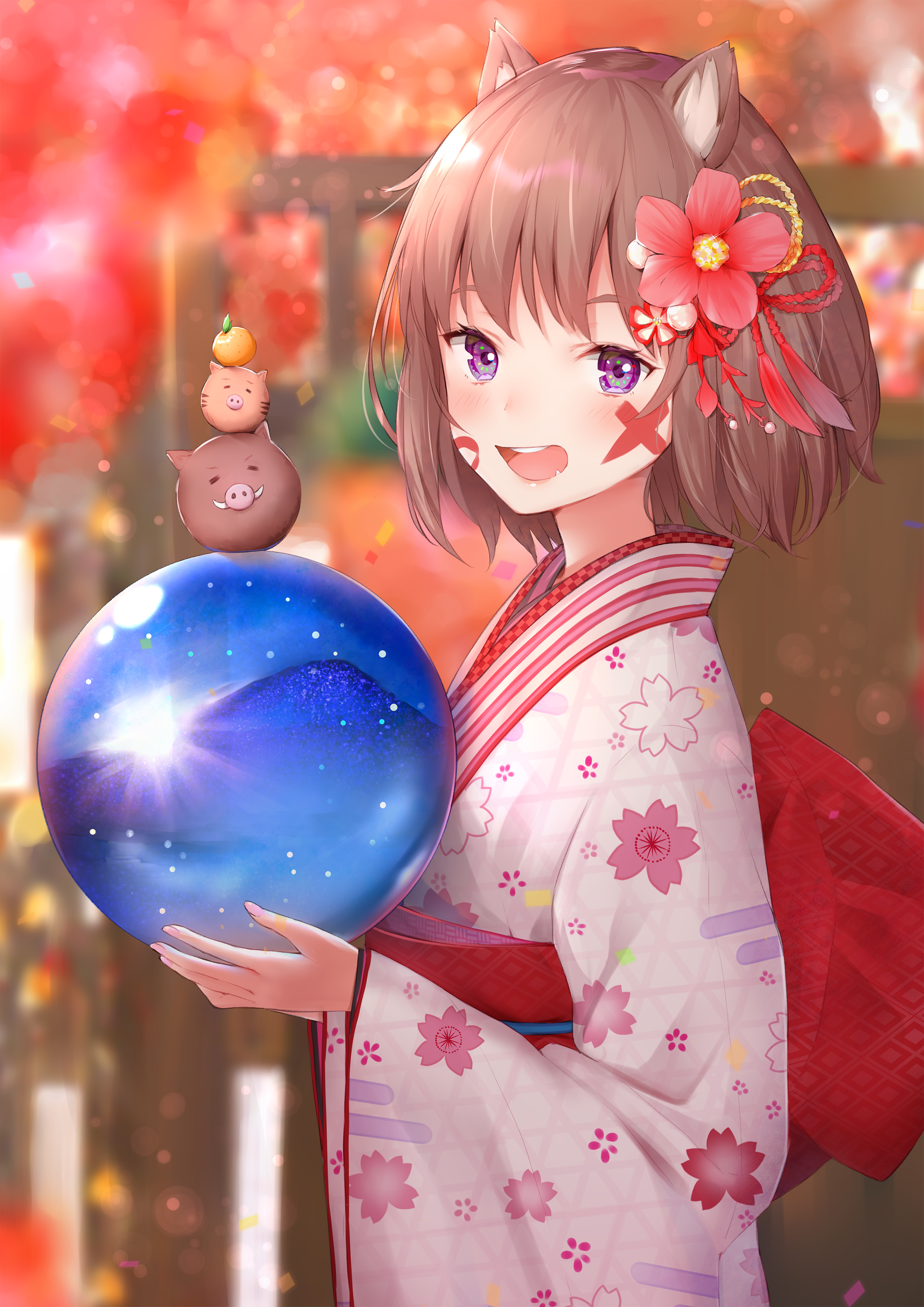 Anime girl in kimono holding a crystal ball HD Phone Wallpaper