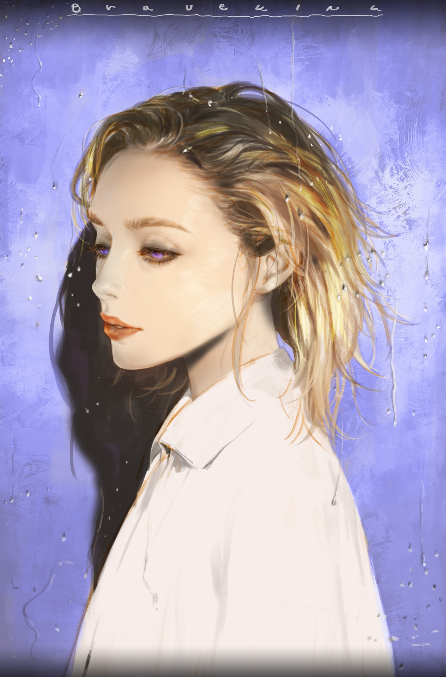 Anime girl with purple eyes and blonde hair, digital art HD Phone Wallpaper