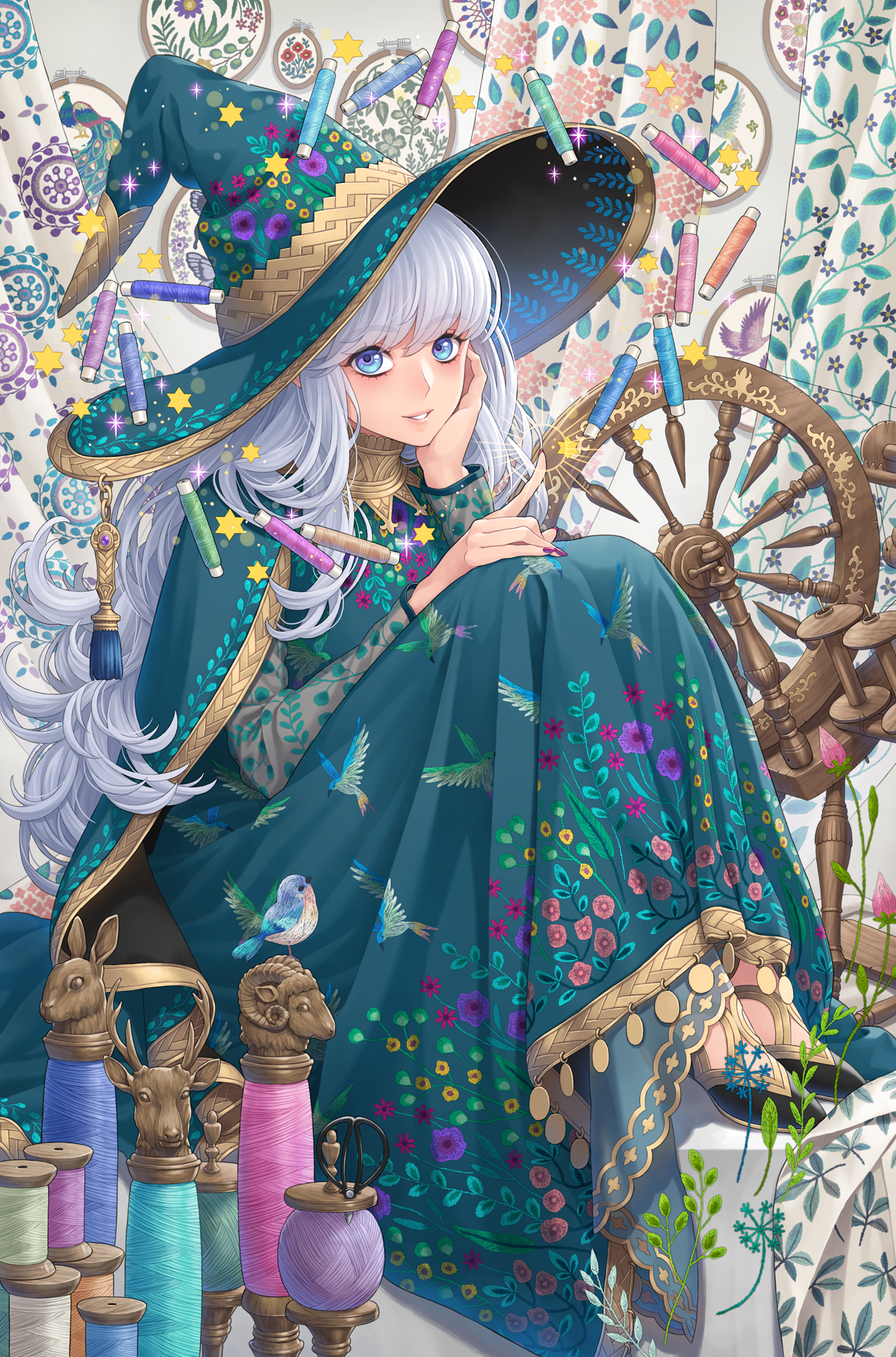 Anime witch with sewing supplies and spinning wheel HD Phone Wallpaper