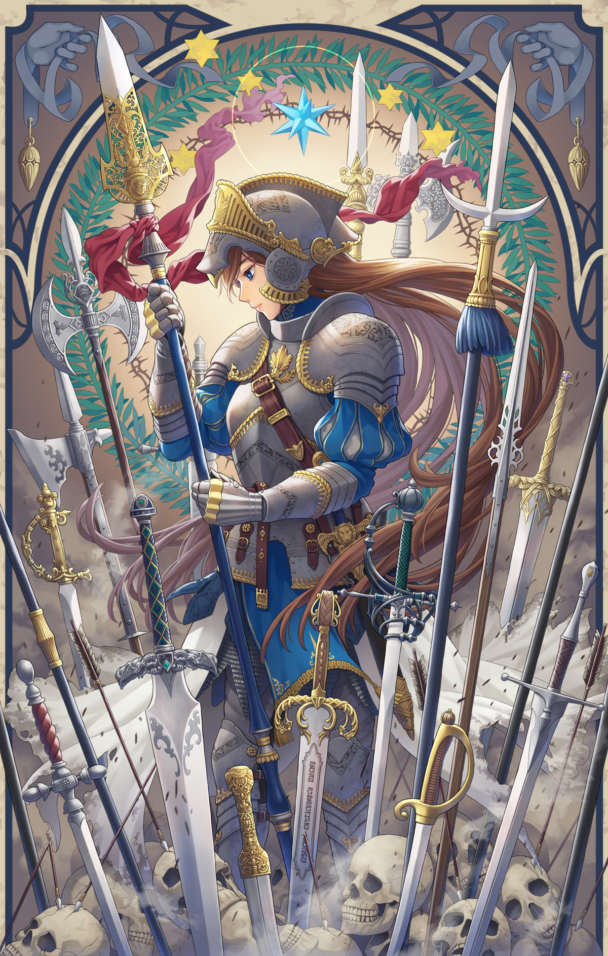 Anime girl in armor holding a spear surrounded by swords and skulls HD Phone Wallpaper