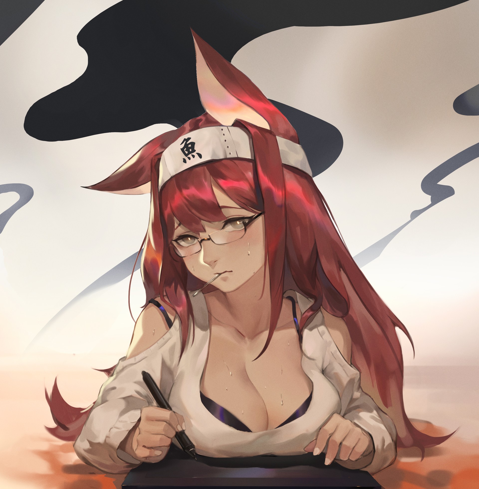 Redhead anime girl with animal ears wearing glasses HD Phone Wallpaper
