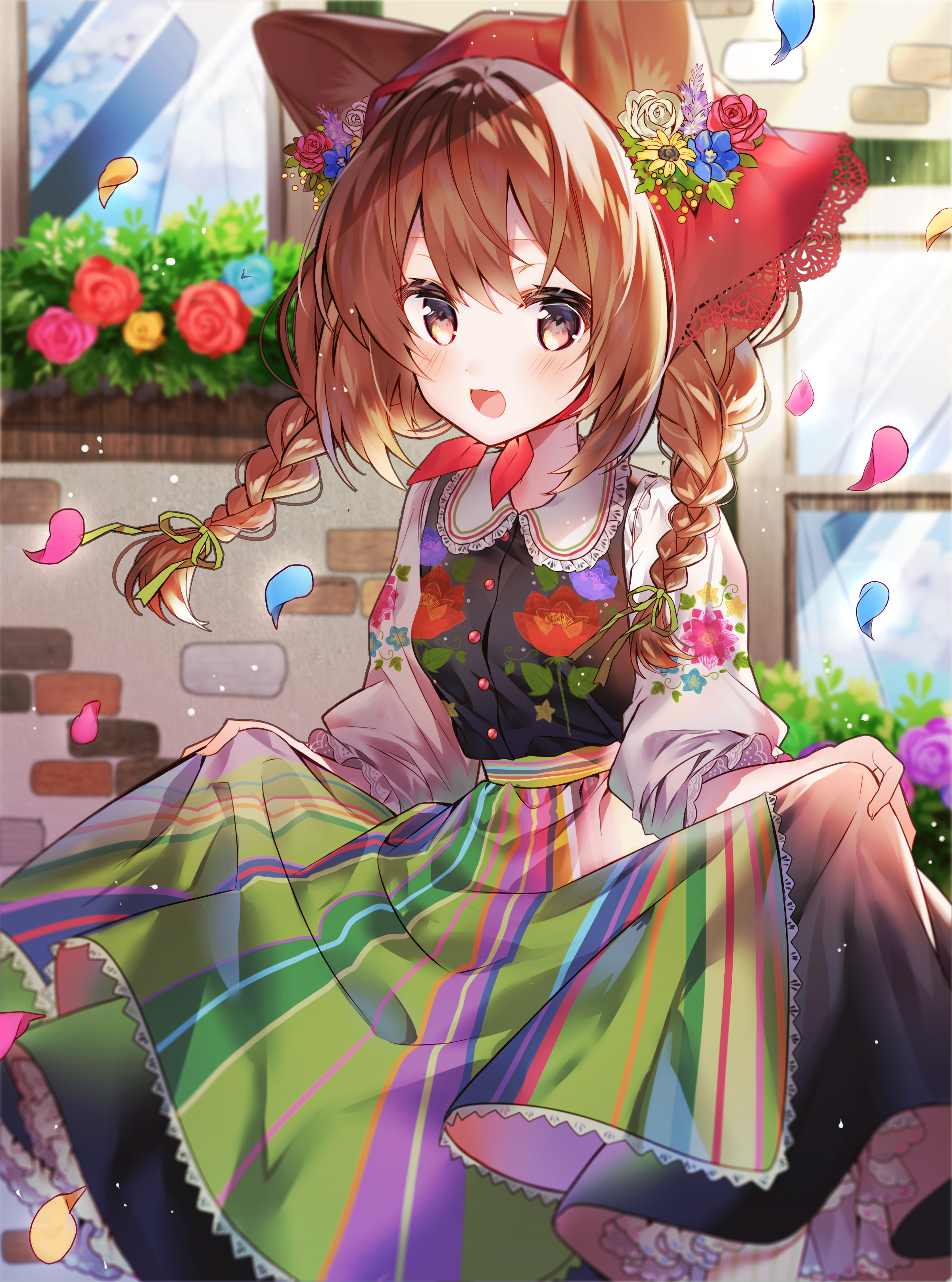 Anime girl with fox ears and traditional dress HD Phone Wallpaper