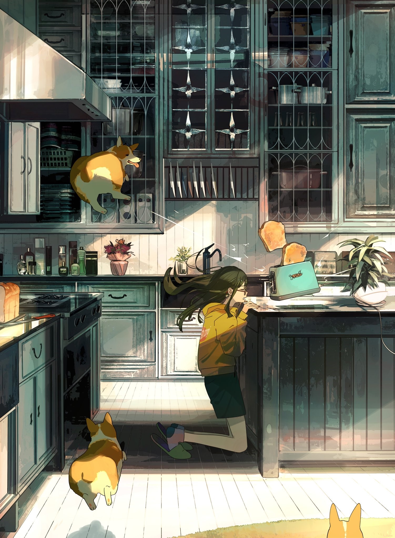 Anime girl in kitchen with corgis and flying toast HD Phone Wallpaper