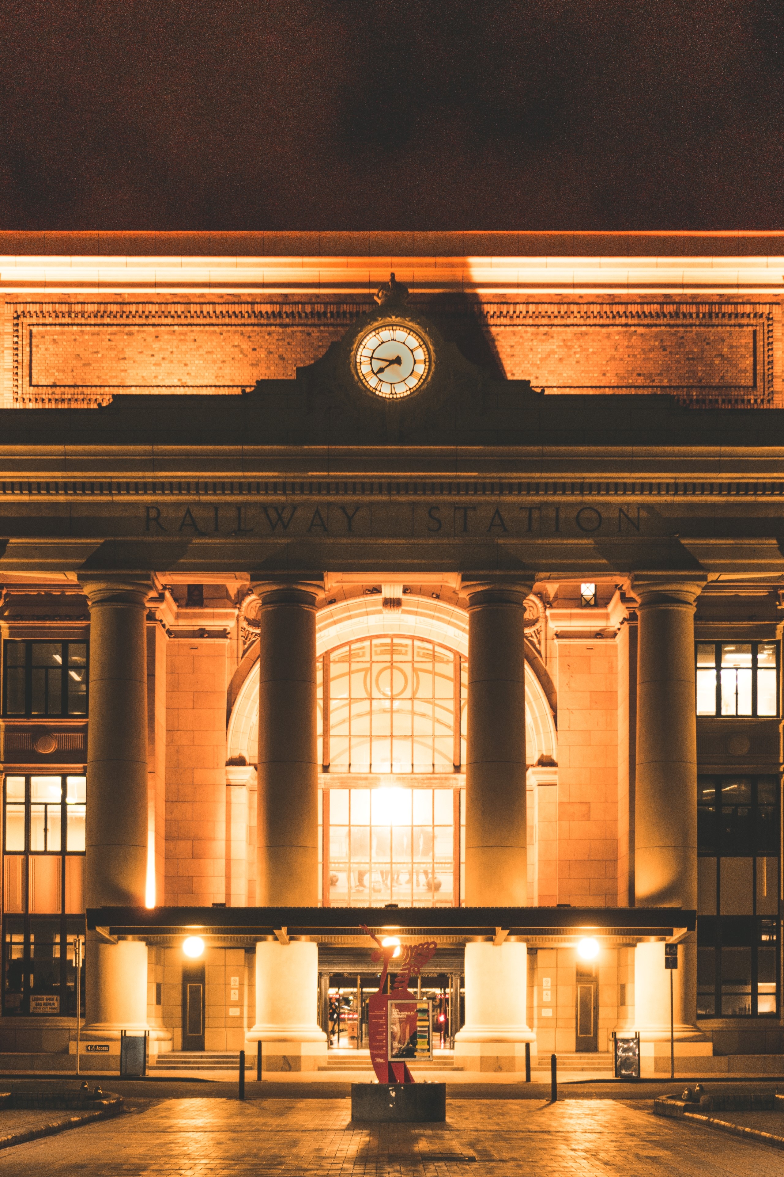 Railway Station at Night with Clock HD Phone Wallpaper