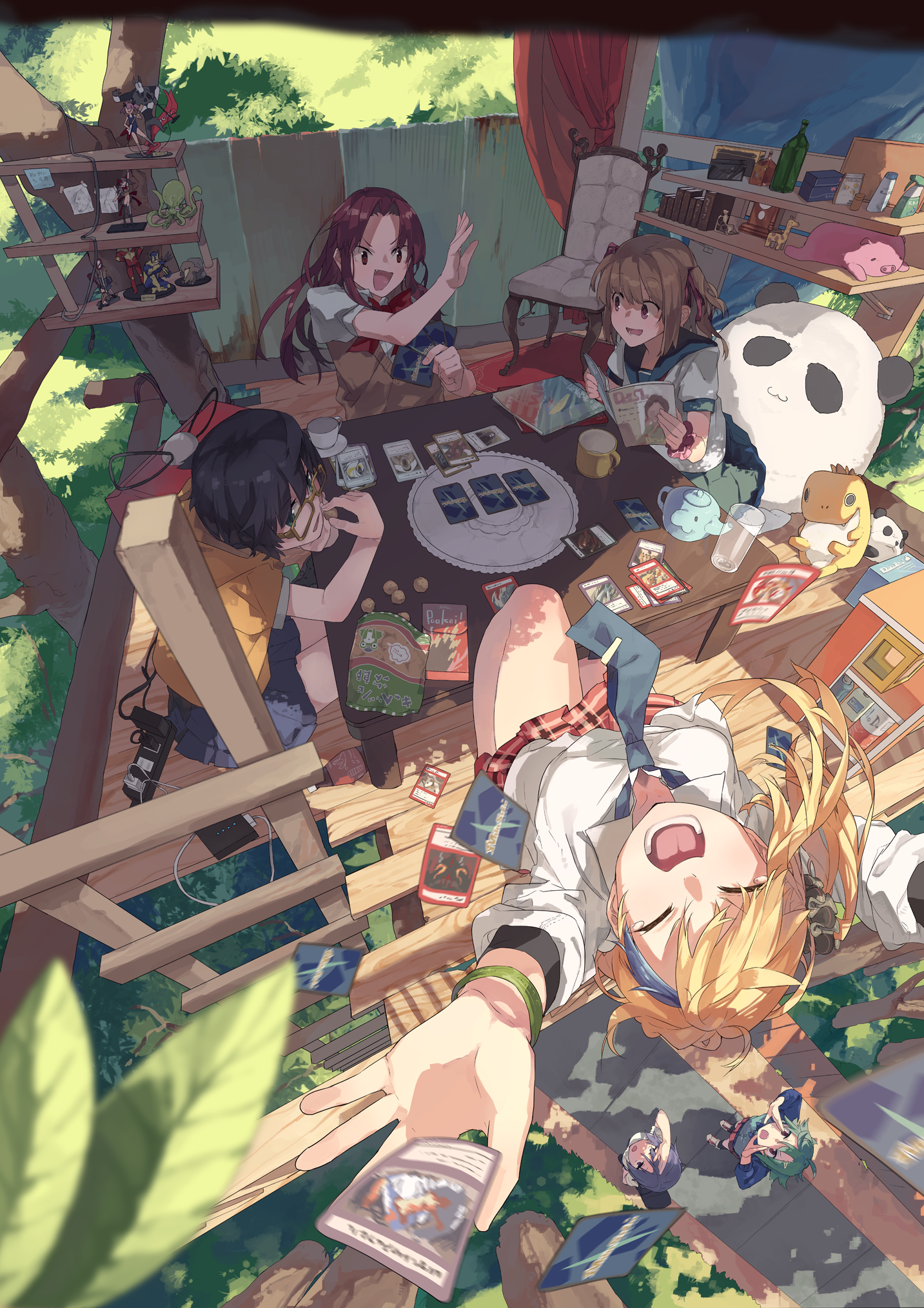 Anime girls playing cards in a treehouse HD Phone Wallpaper