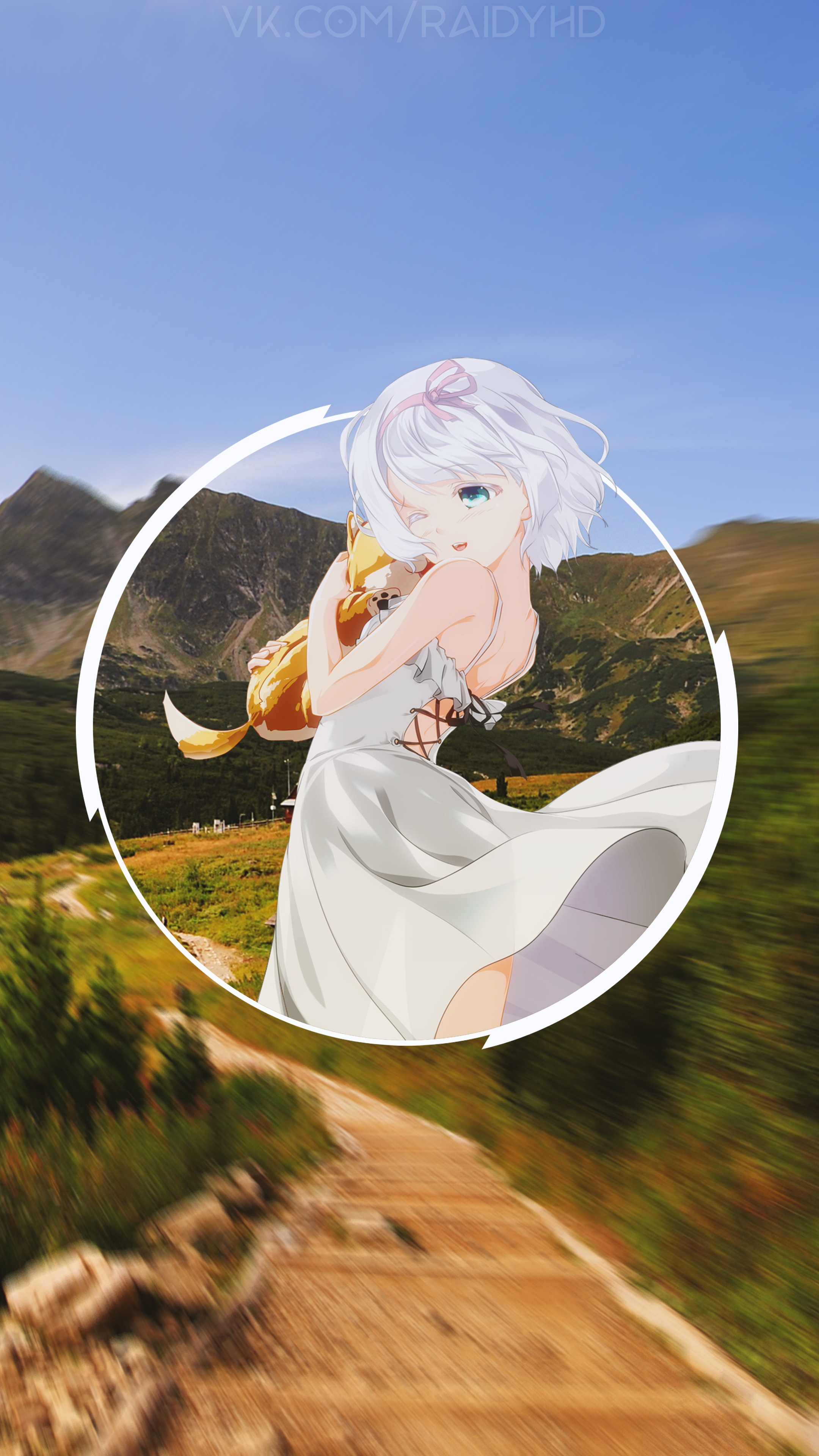 Anime girl with white hair holding a fox in a mountain landscape HD Phone Wallpaper