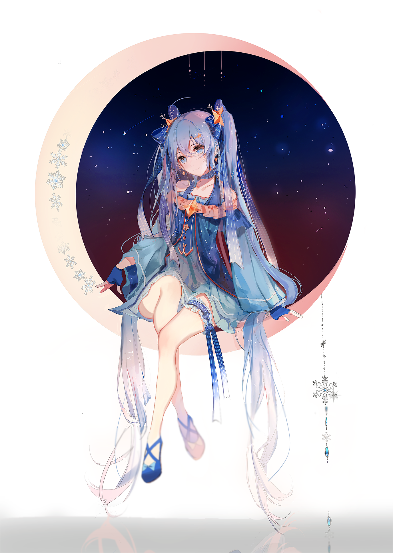 Hatsune Miku sitting on a crescent moon with stars HD Phone Wallpaper