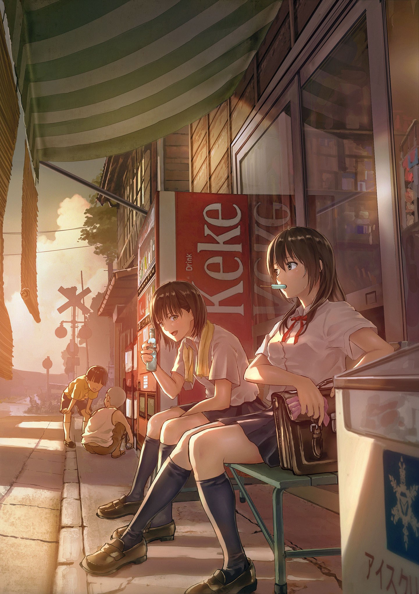 Anime girls in school uniforms sitting by a store at sunset HD Phone Wallpaper