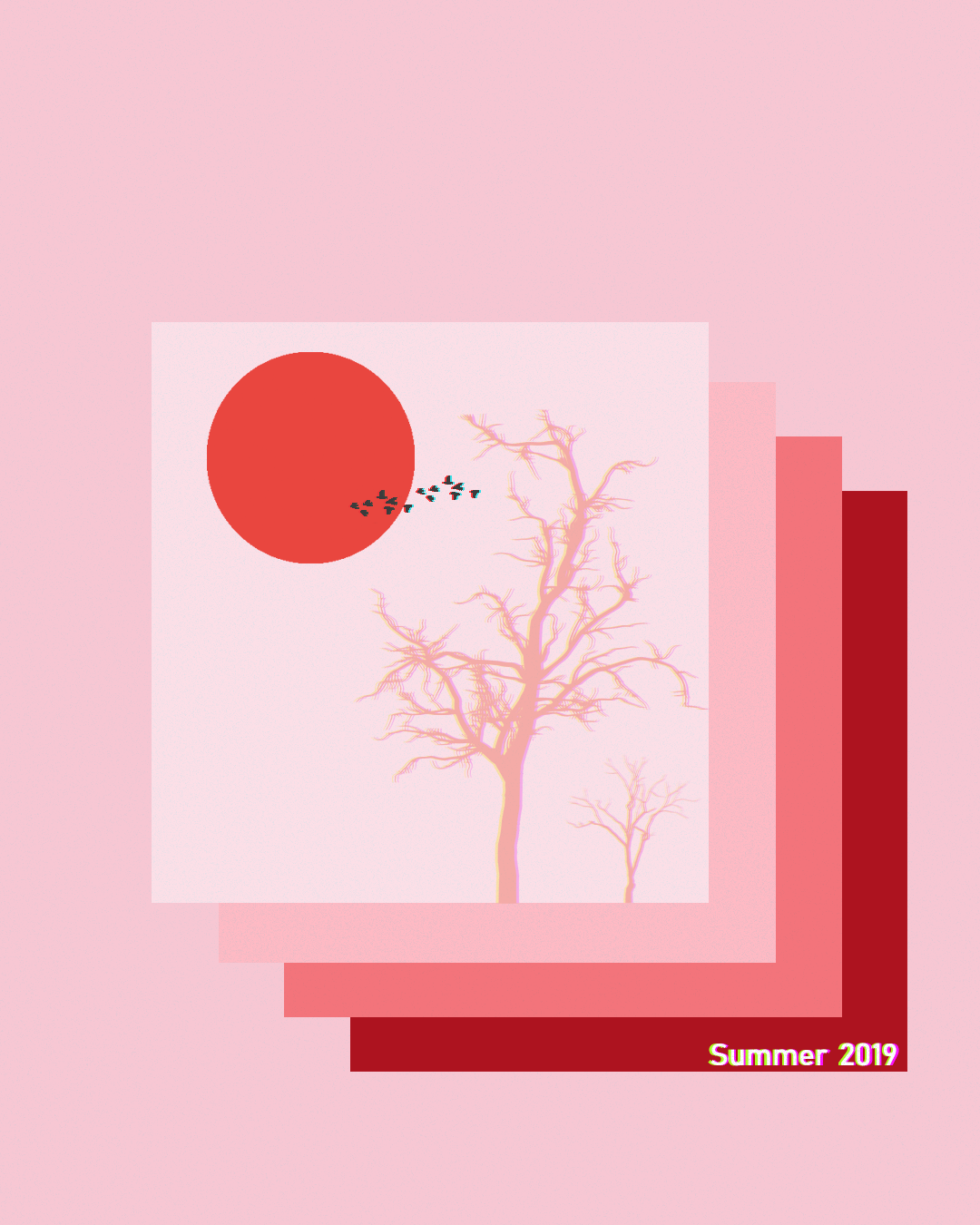 Glitch art of a red sun and bare trees in summer HD Phone Wallpaper