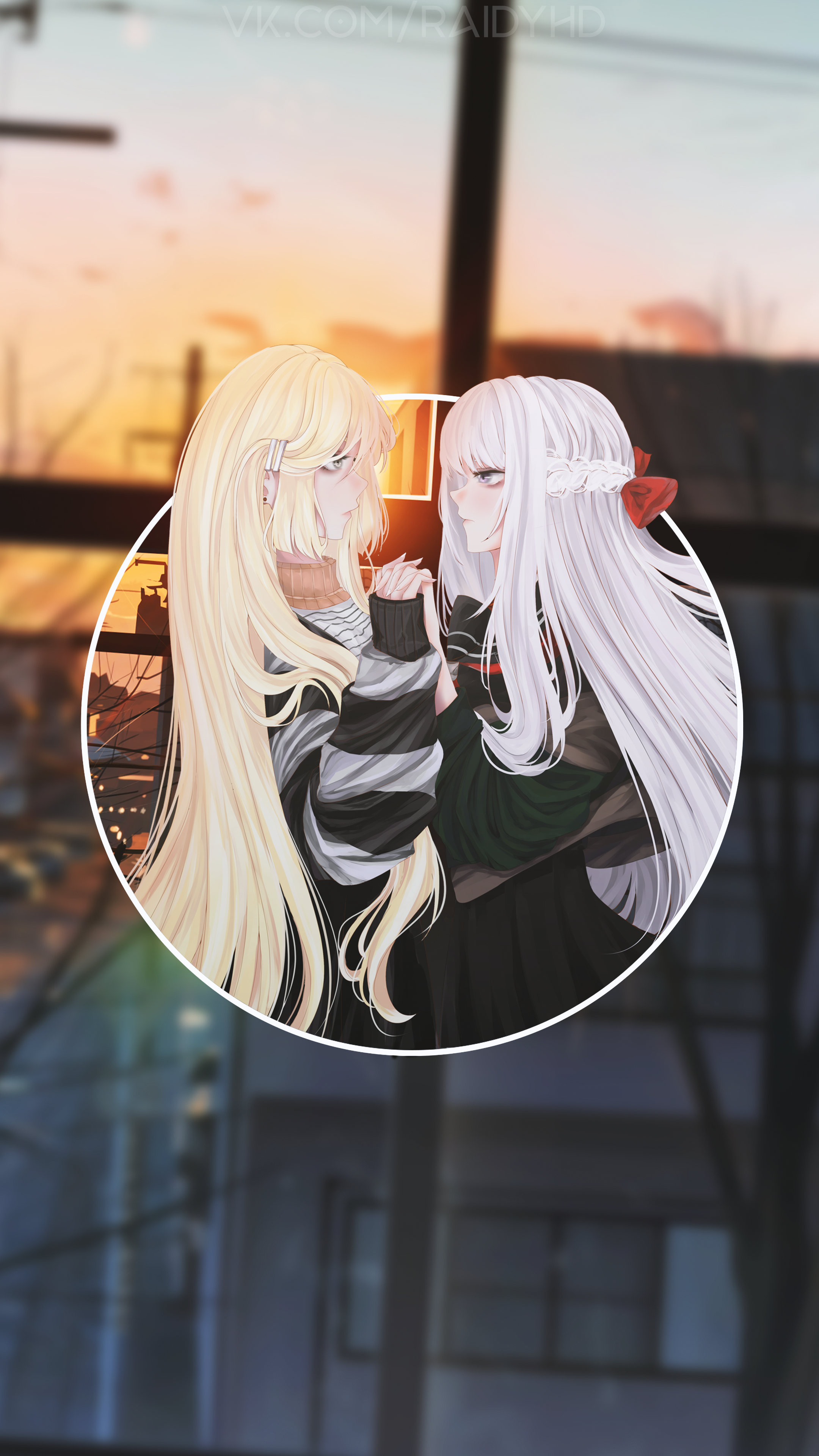 Two anime girls holding hands at sunset HD Phone Wallpaper