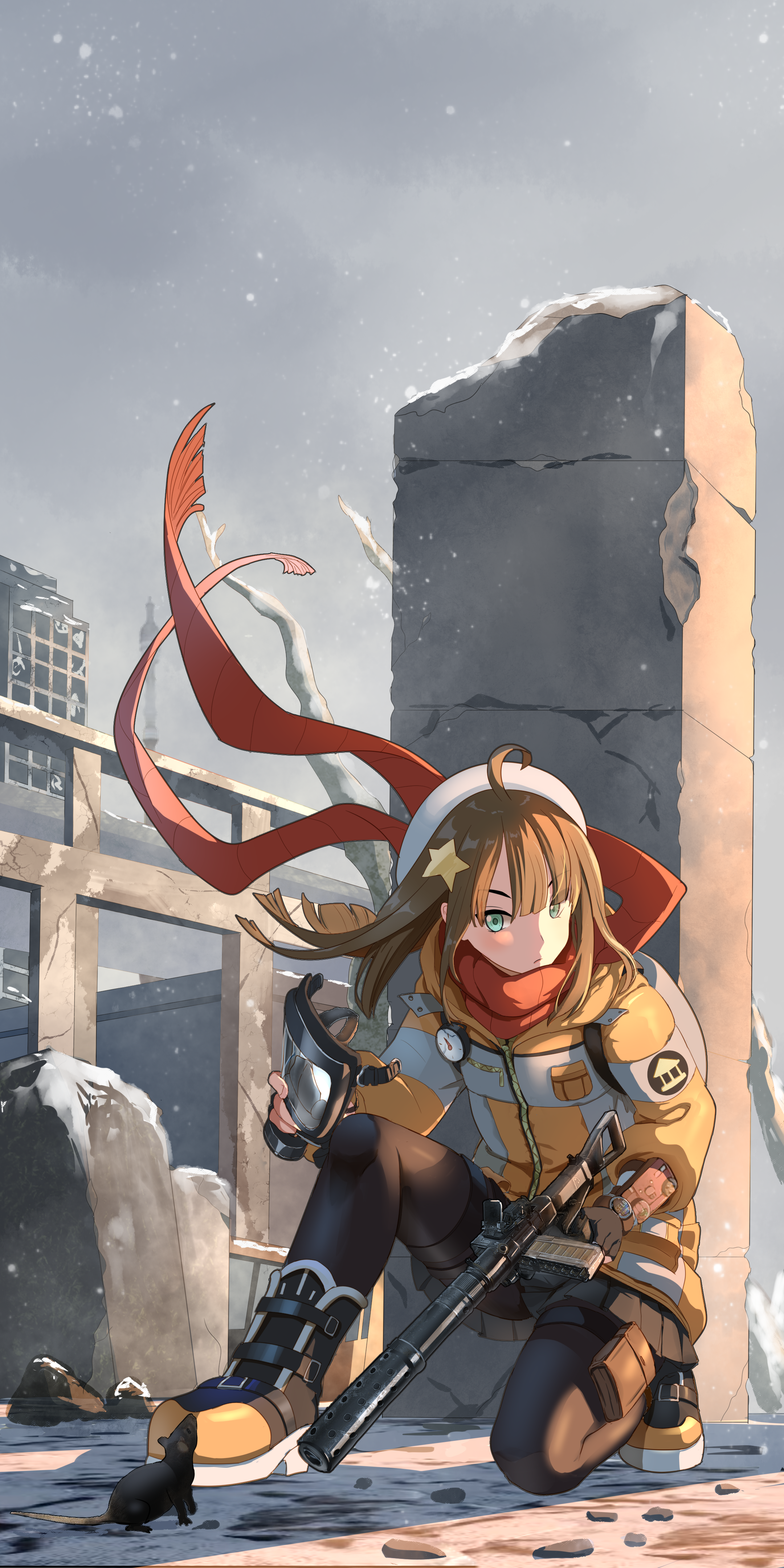 Anime girl with rifle in ruined city HD Phone Wallpaper