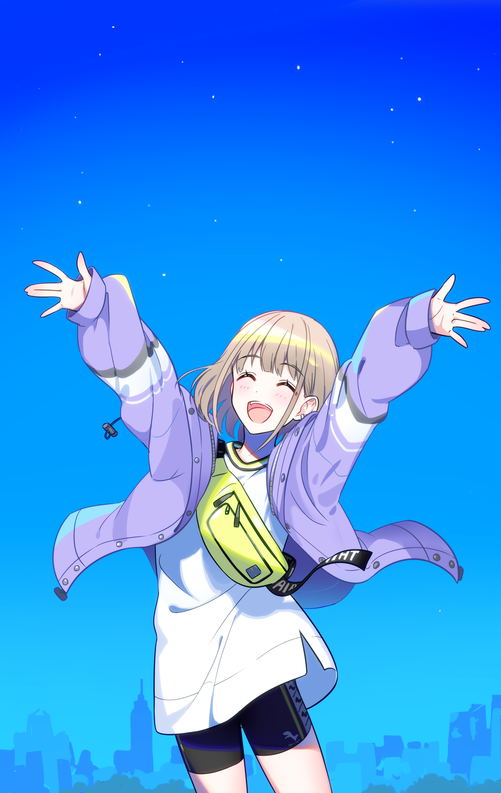 Anime girl with arms raised against a starry blue sky HD Phone Wallpaper