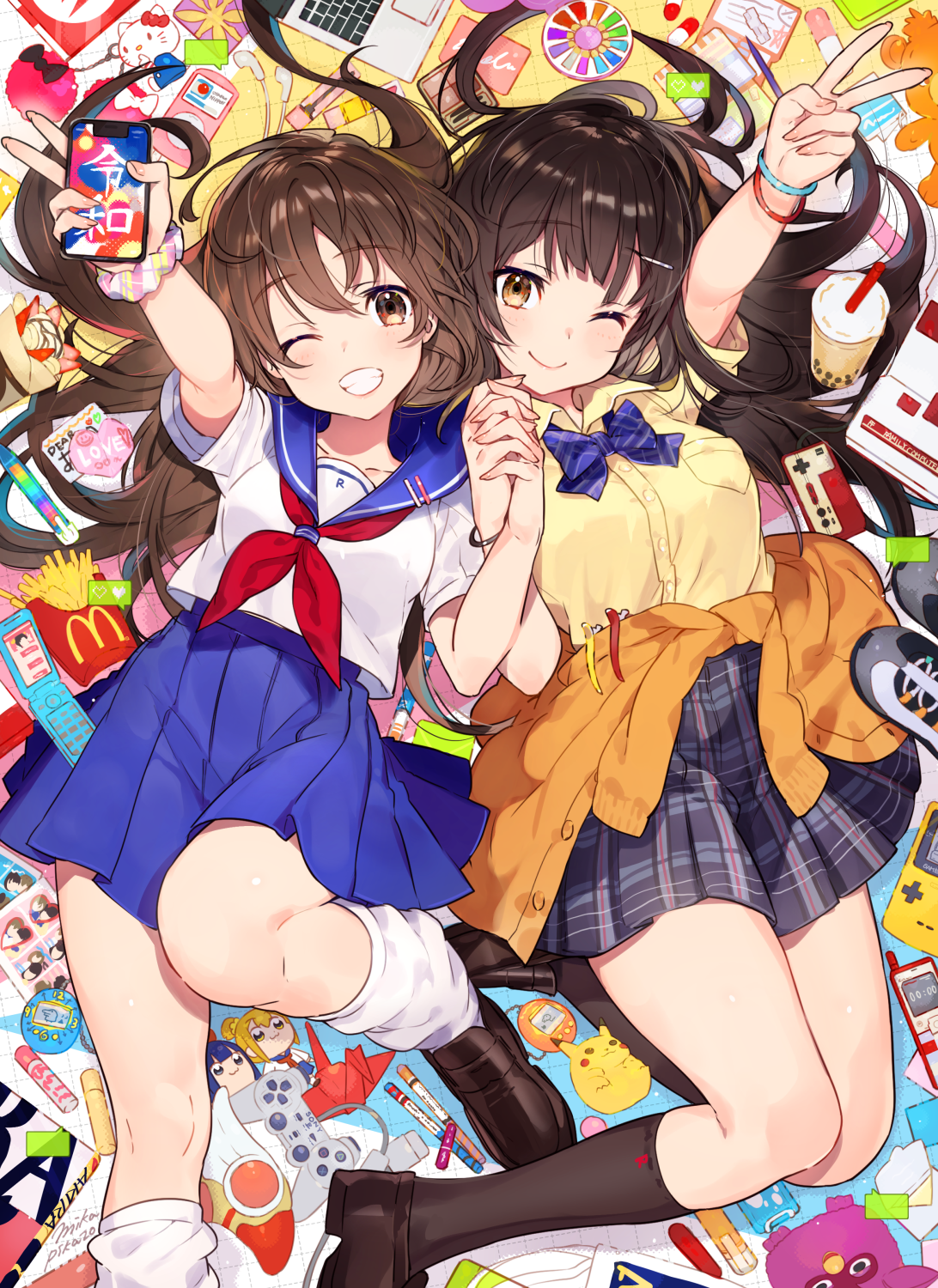 Anime girls taking a selfie with school uniforms and snacks HD Phone Wallpaper