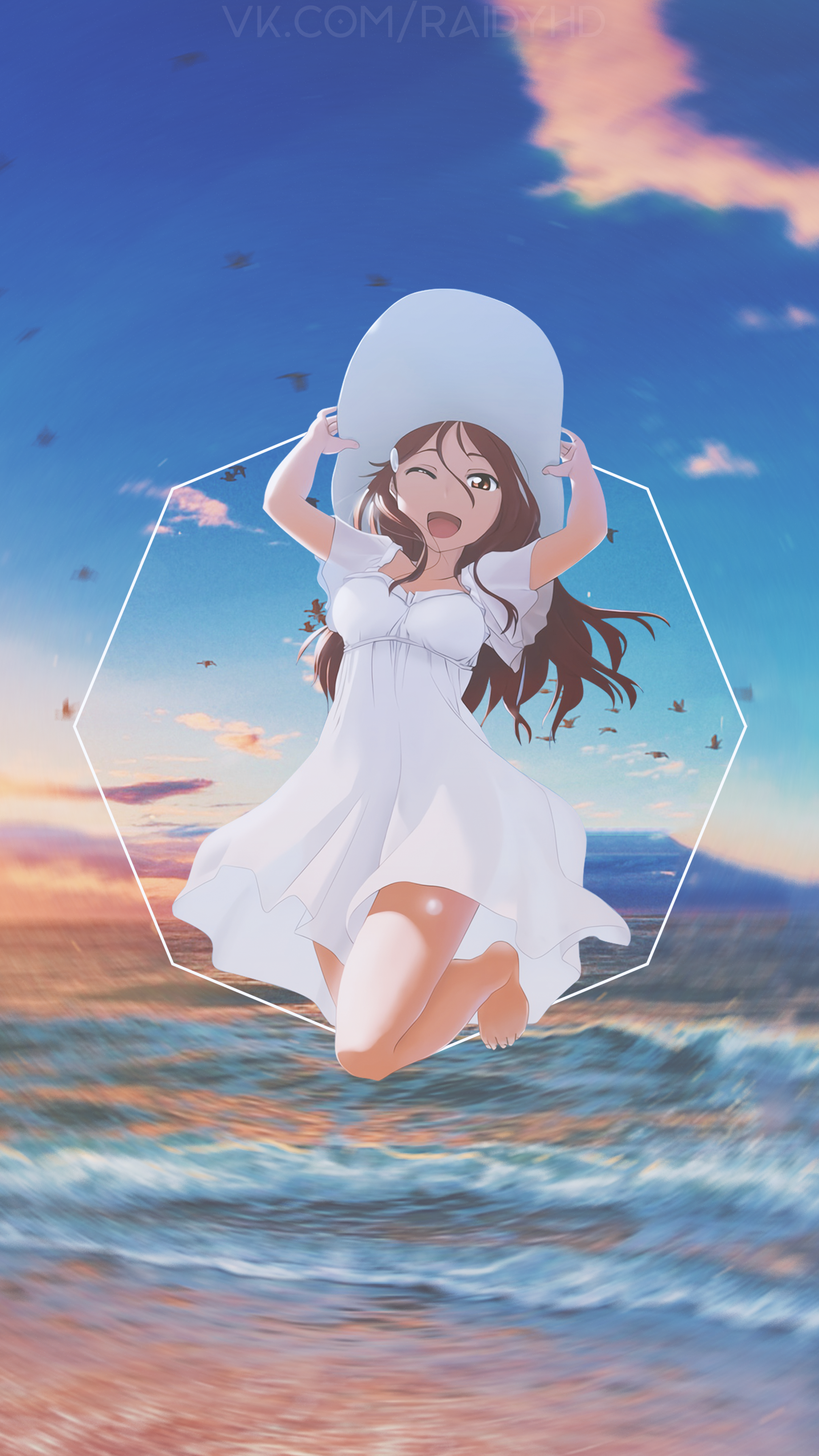 Anime girl in white dress jumping on beach at sunset HD Phone Wallpaper