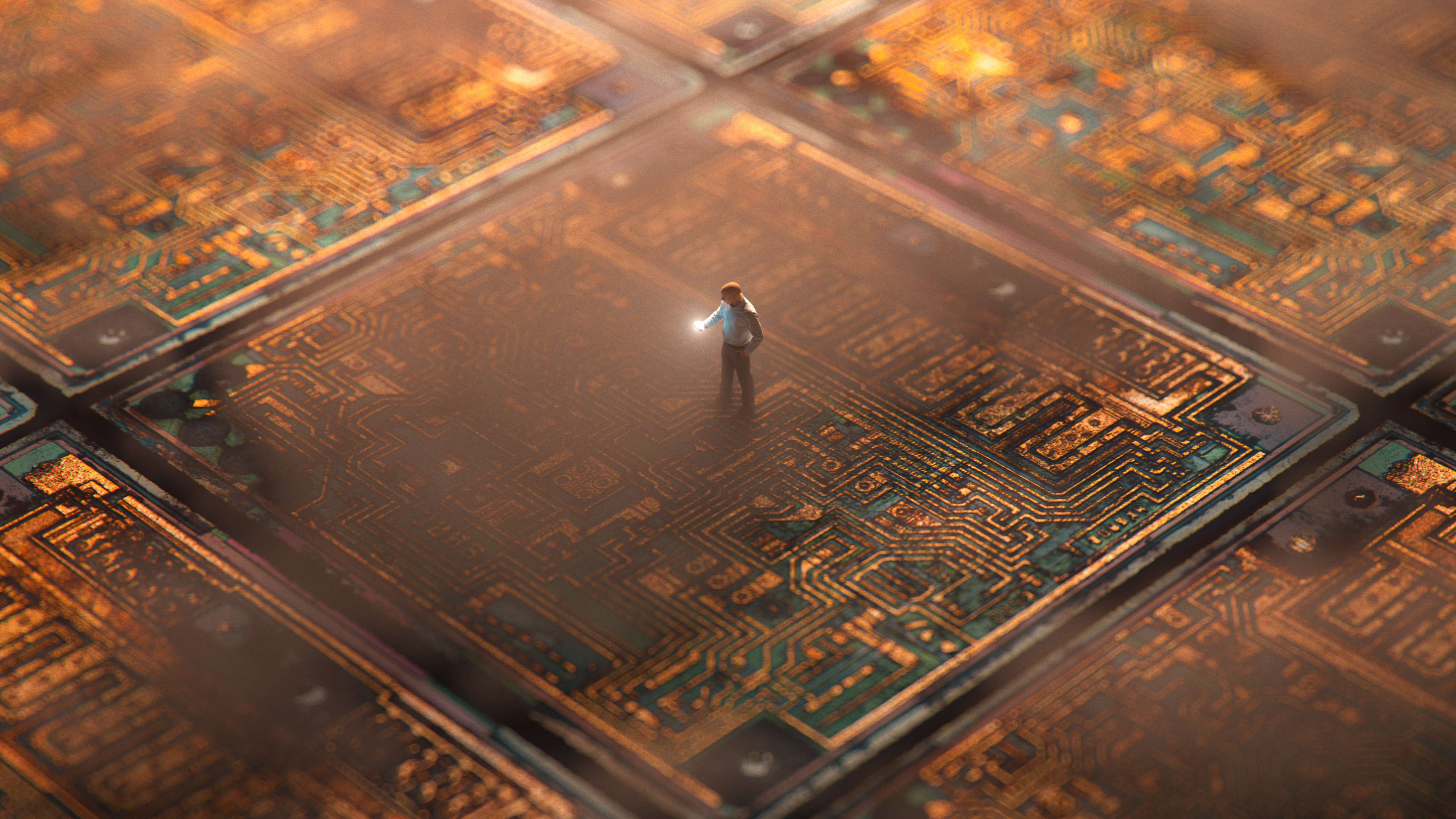 Man on a Microchip Circuit Board 4K HD Wallpaper