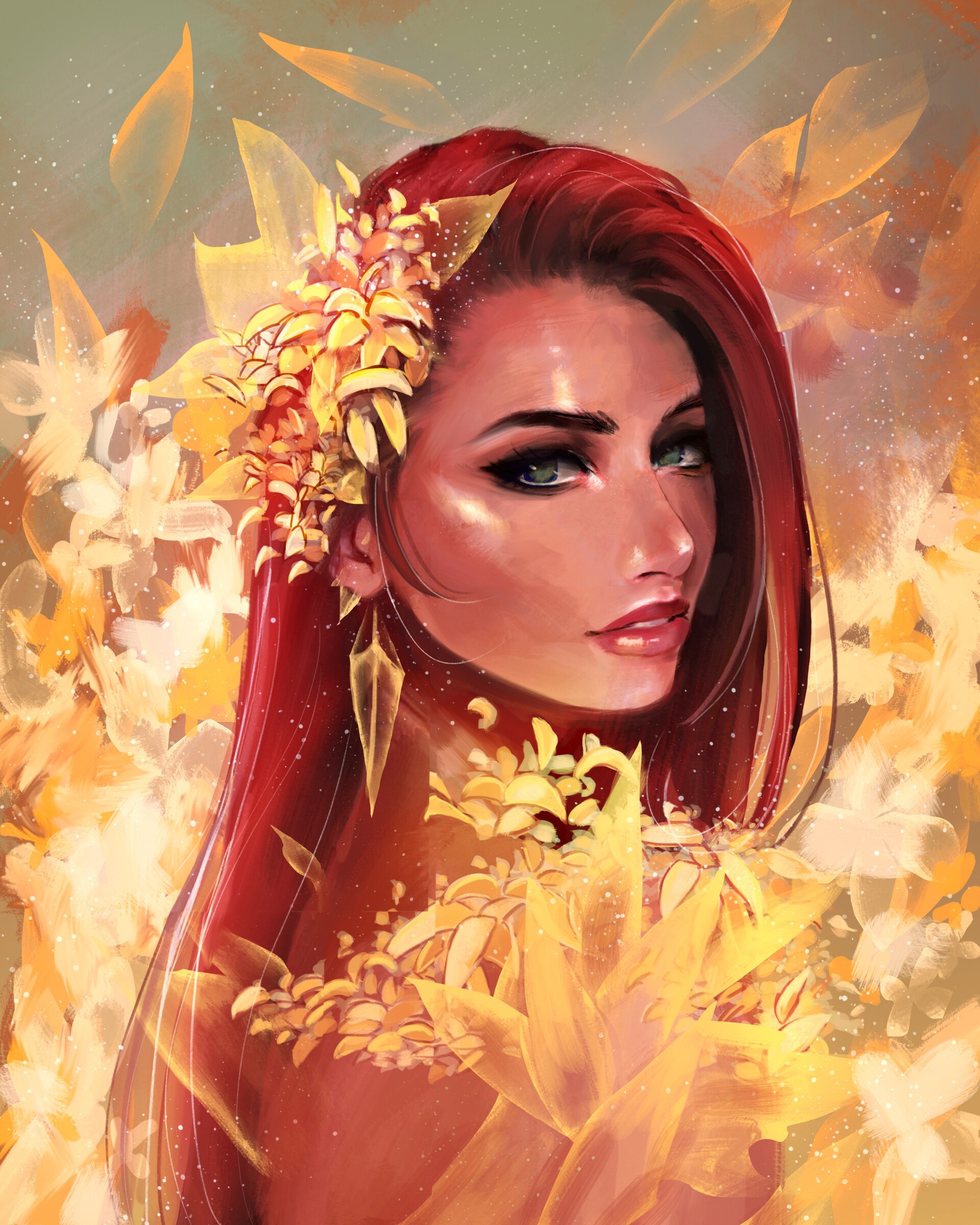 Artwork of a woman with red hair and flowers HD Phone Wallpaper