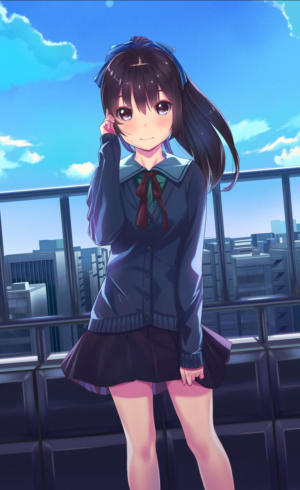 Anime girl with dark hair and blue cardigan on a balcony HD Phone Wallpaper