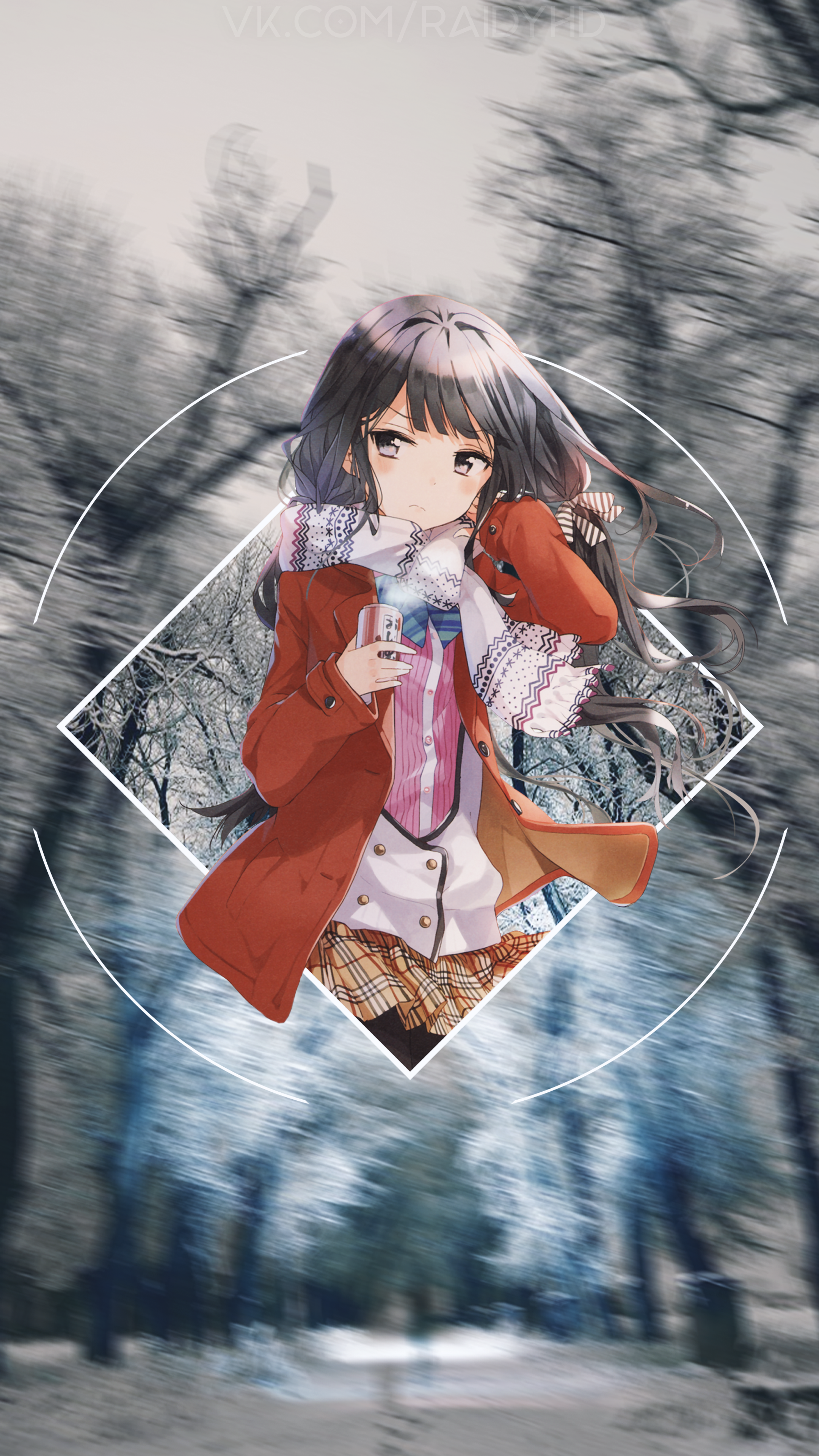 Anime girl in winter coat holding a cup HD Phone Wallpaper