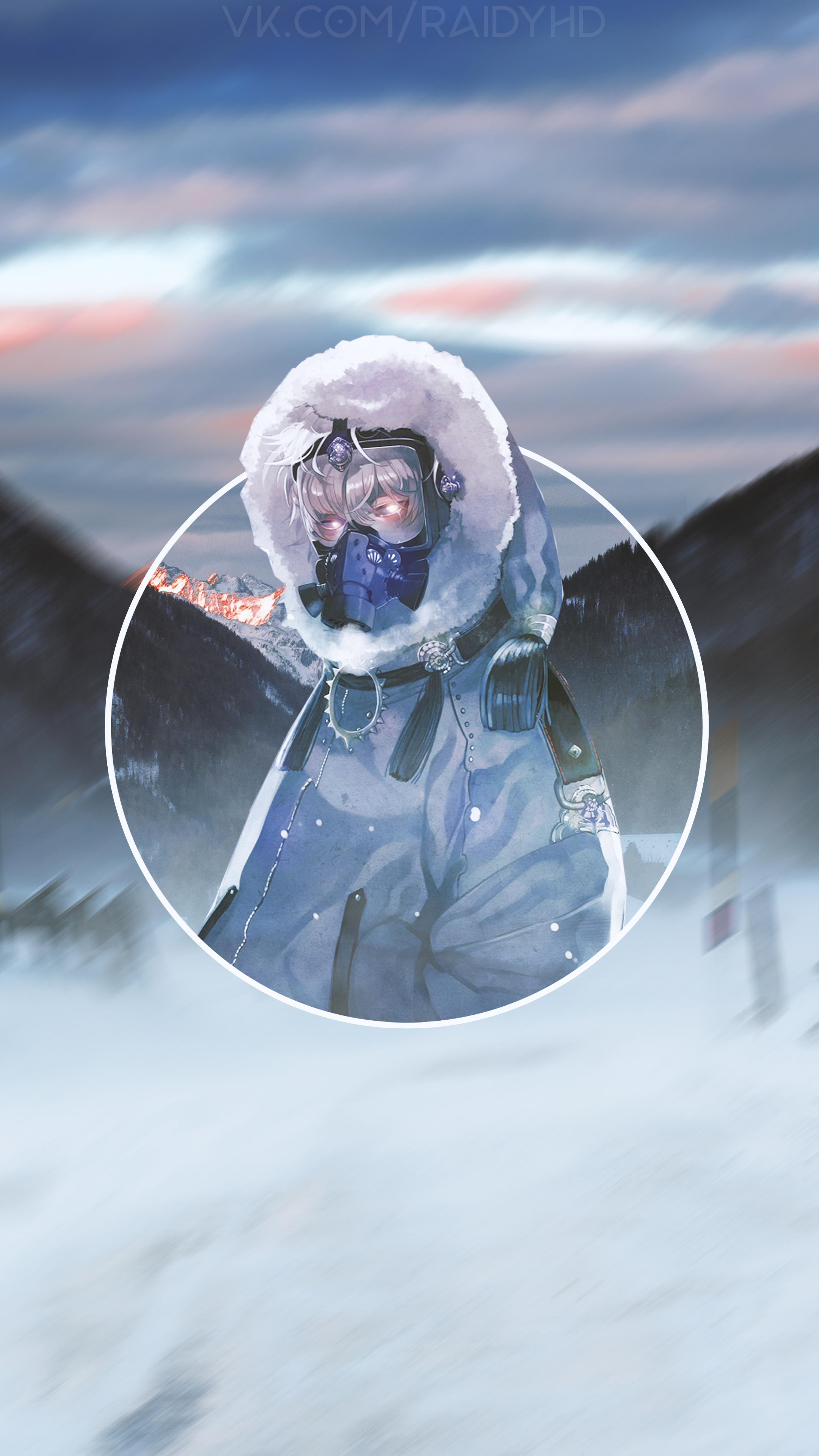 Anime girl in winter gear with gas mask in mountains HD Phone Wallpaper