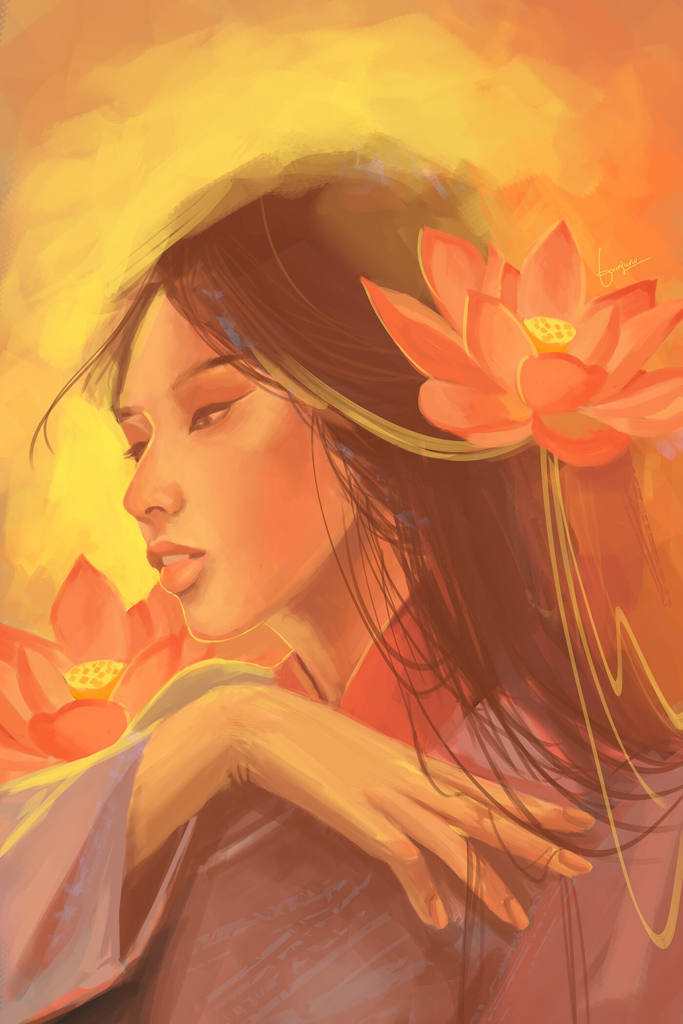 Artwork of a fantasy girl with lotus flowers HD Phone Wallpaper